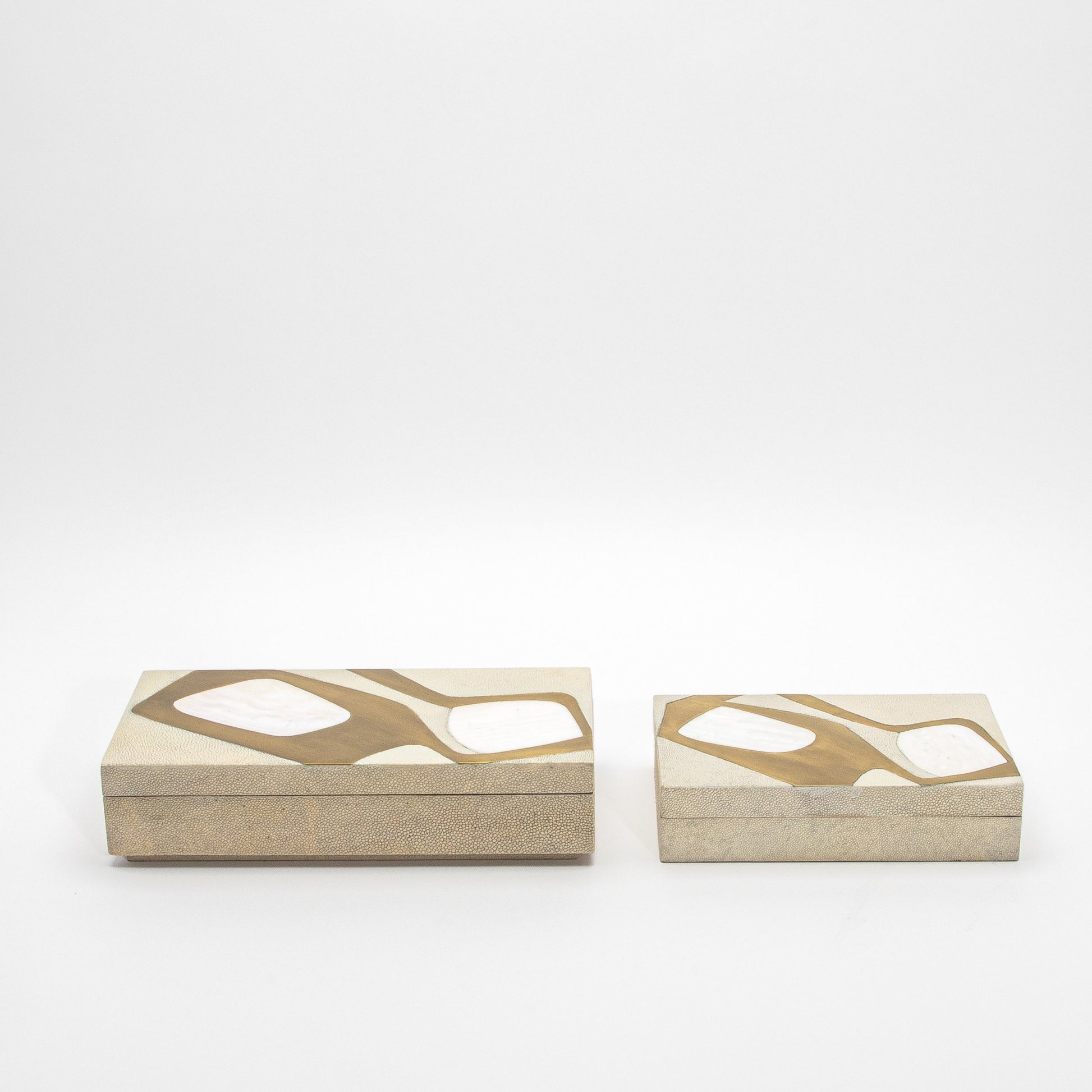 Set of 2 Rectangular Boxes in Antique Shagreen with Shell and Brass Insert by R&Y Augousti