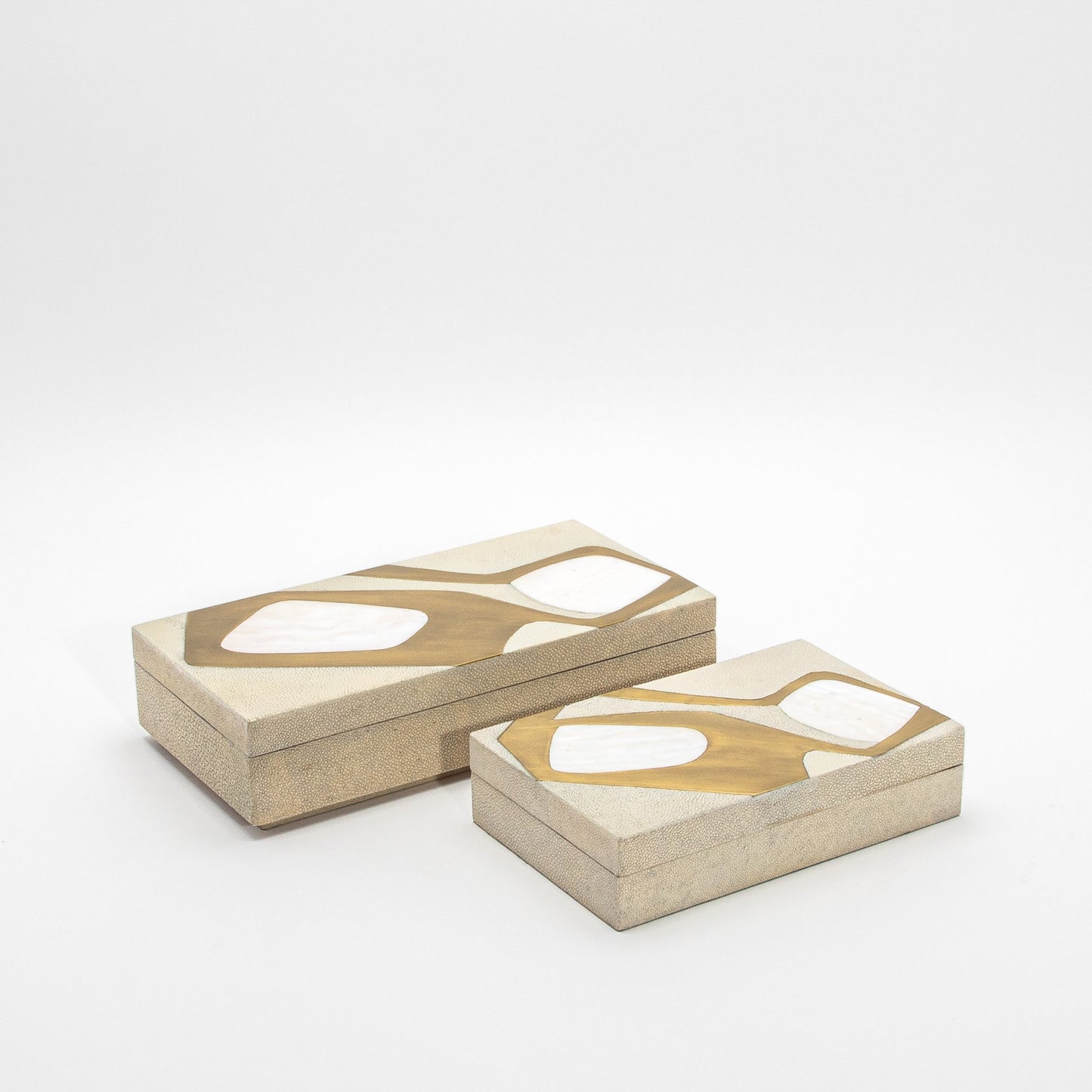 Set of 2 Rectangular Boxes in Antique Shagreen with Shell and Brass Insert by R&Y Augousti