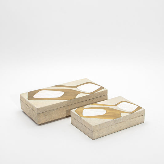 Set of 2 Rectangular Boxes in Antique Shagreen with Shell and Brass Insert by R&Y Augousti
