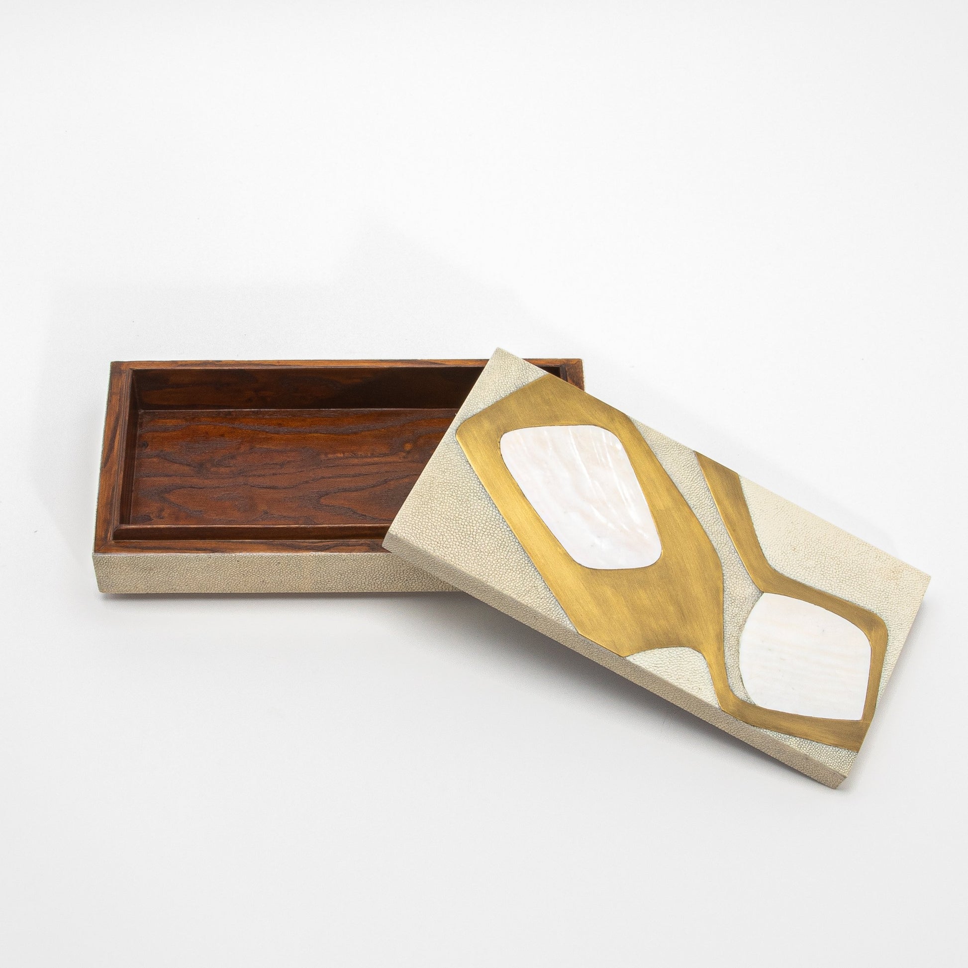 Set of 2 Rectangular Boxes in Antique Shagreen with Shell and Brass Insert by R&Y Augousti
