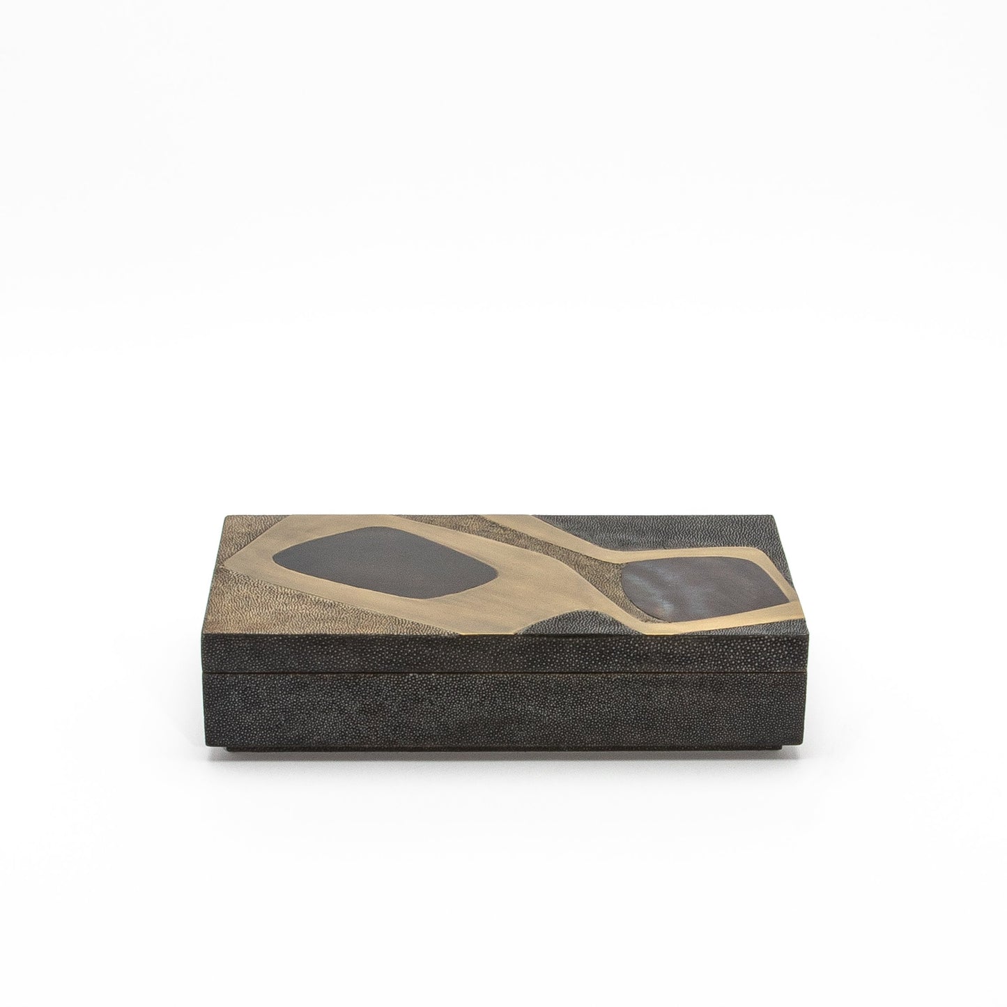 Set of 2 Rectangular Boxes in Coal Black and Brown Shagreen with Black and Blue Shell and Brass Cosmos Pattern Insert by R&Y Augousti