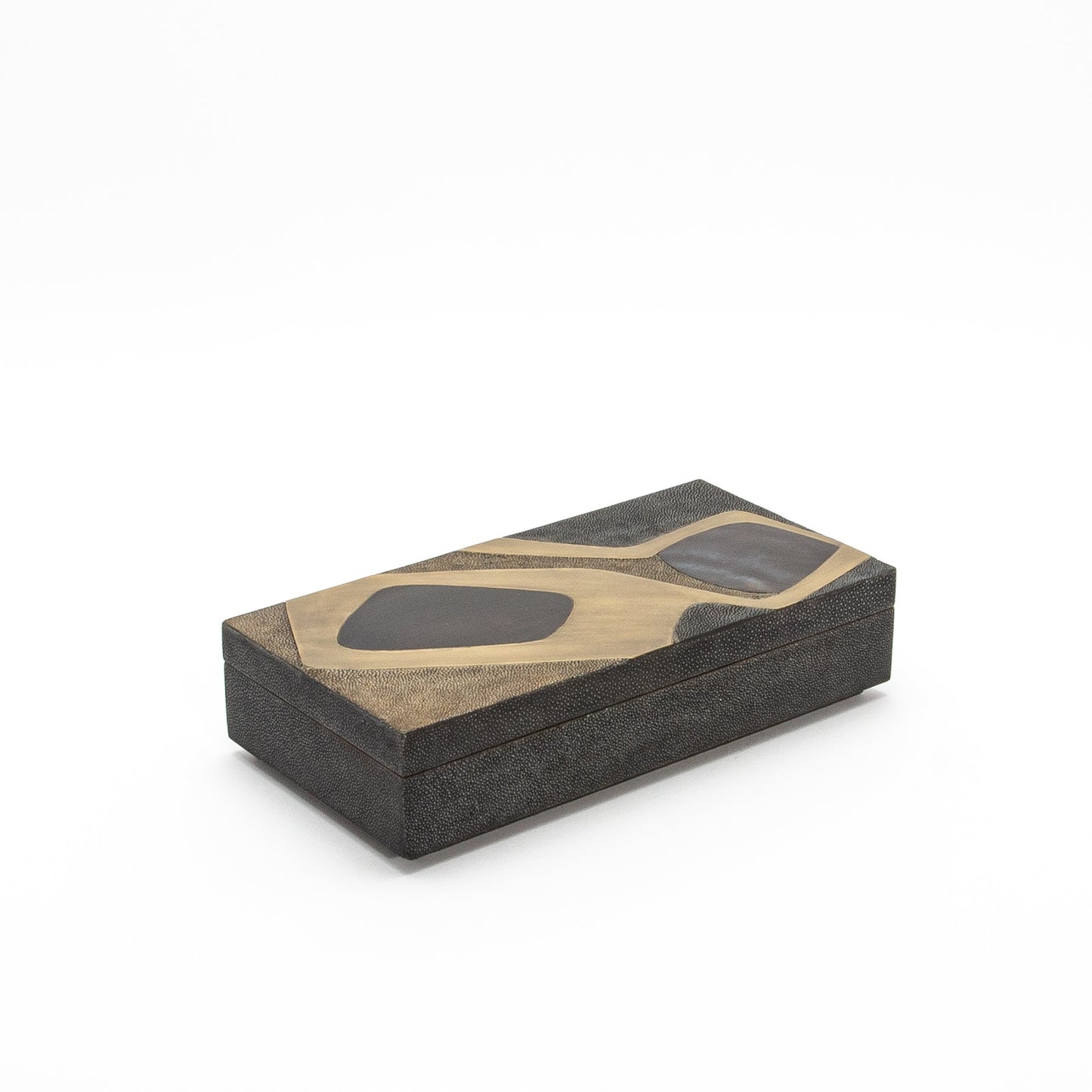 Set of 2 Rectangular Boxes in Coal Black and Brown Shagreen with Black and Blue Shell and Brass Cosmos Pattern Insert by R&Y Augousti