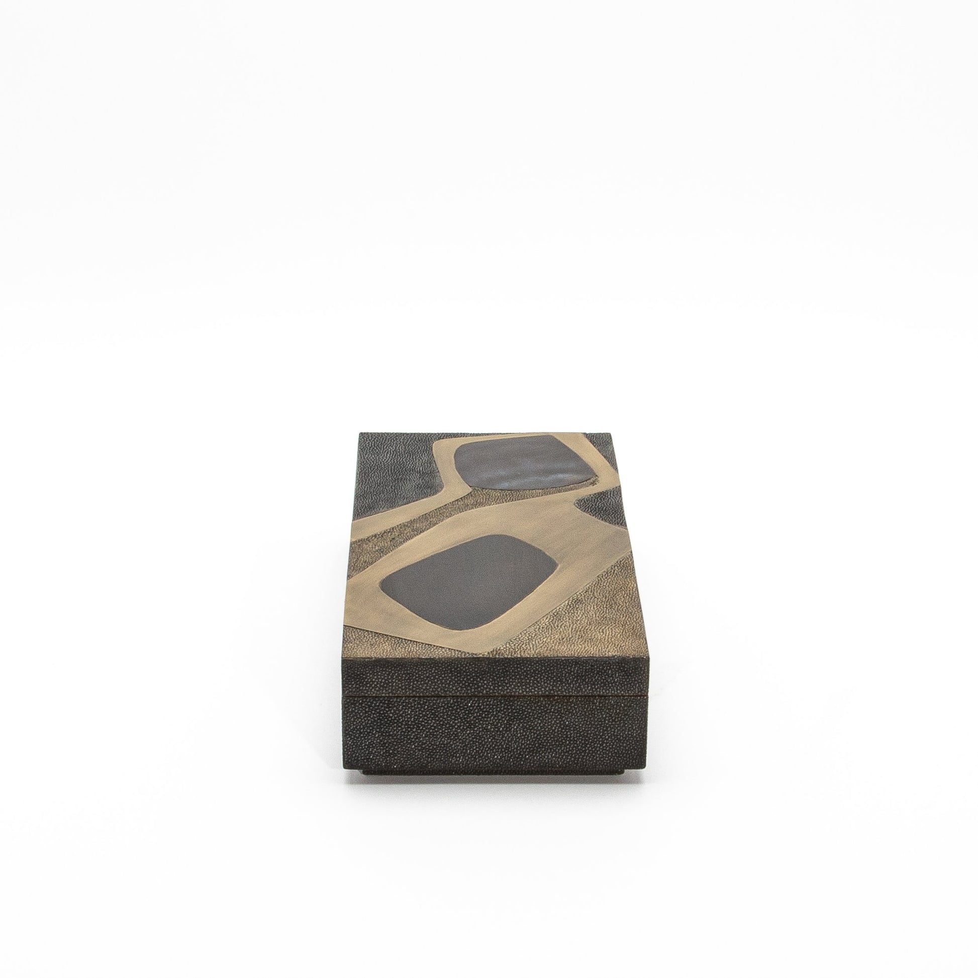 Set of 2 Rectangular Boxes in Coal Black and Brown Shagreen with Black and Blue Shell and Brass Cosmos Pattern Insert by R&Y Augousti