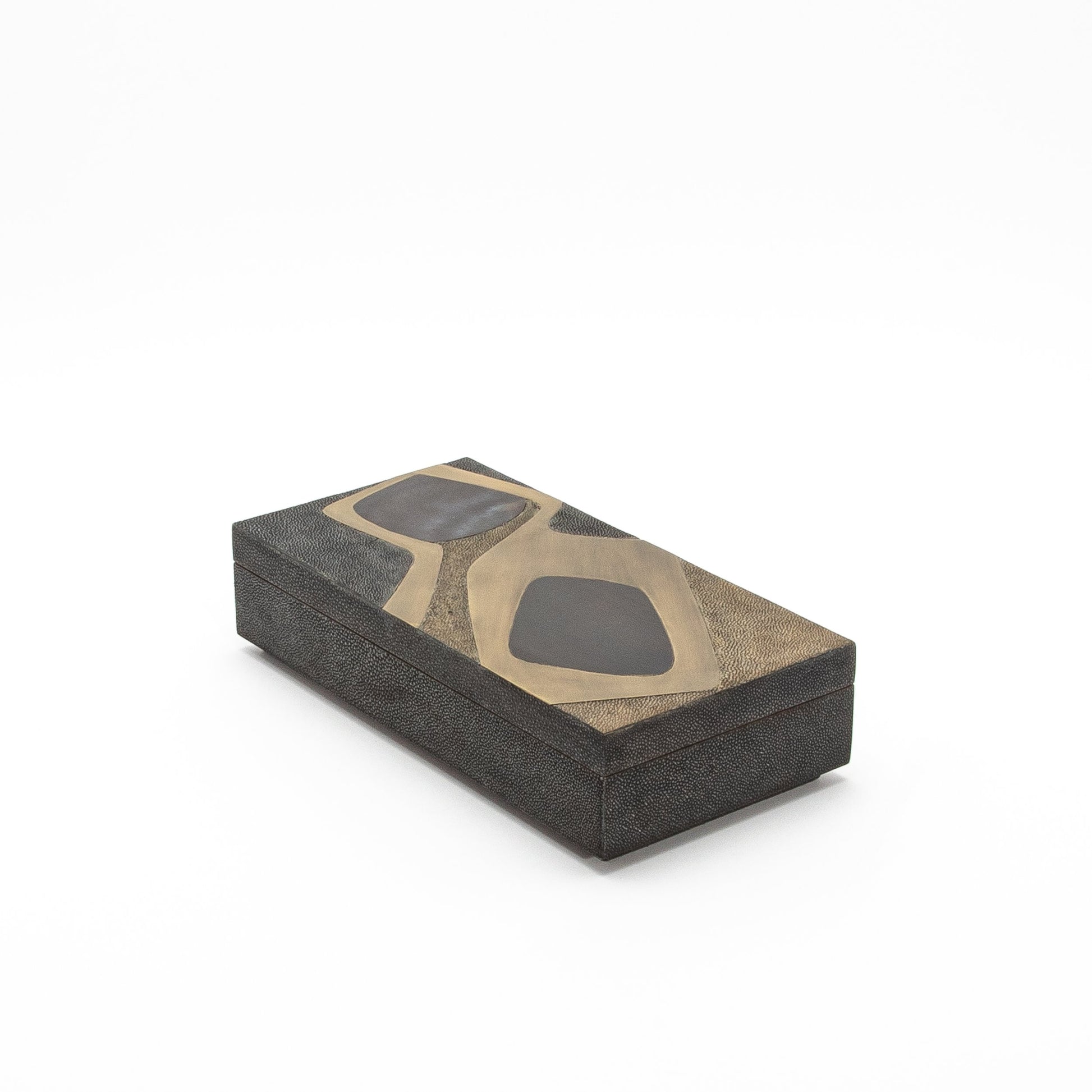Set of 2 Rectangular Boxes in Coal Black and Brown Shagreen with Black and Blue Shell and Brass Cosmos Pattern Insert by R&Y Augousti