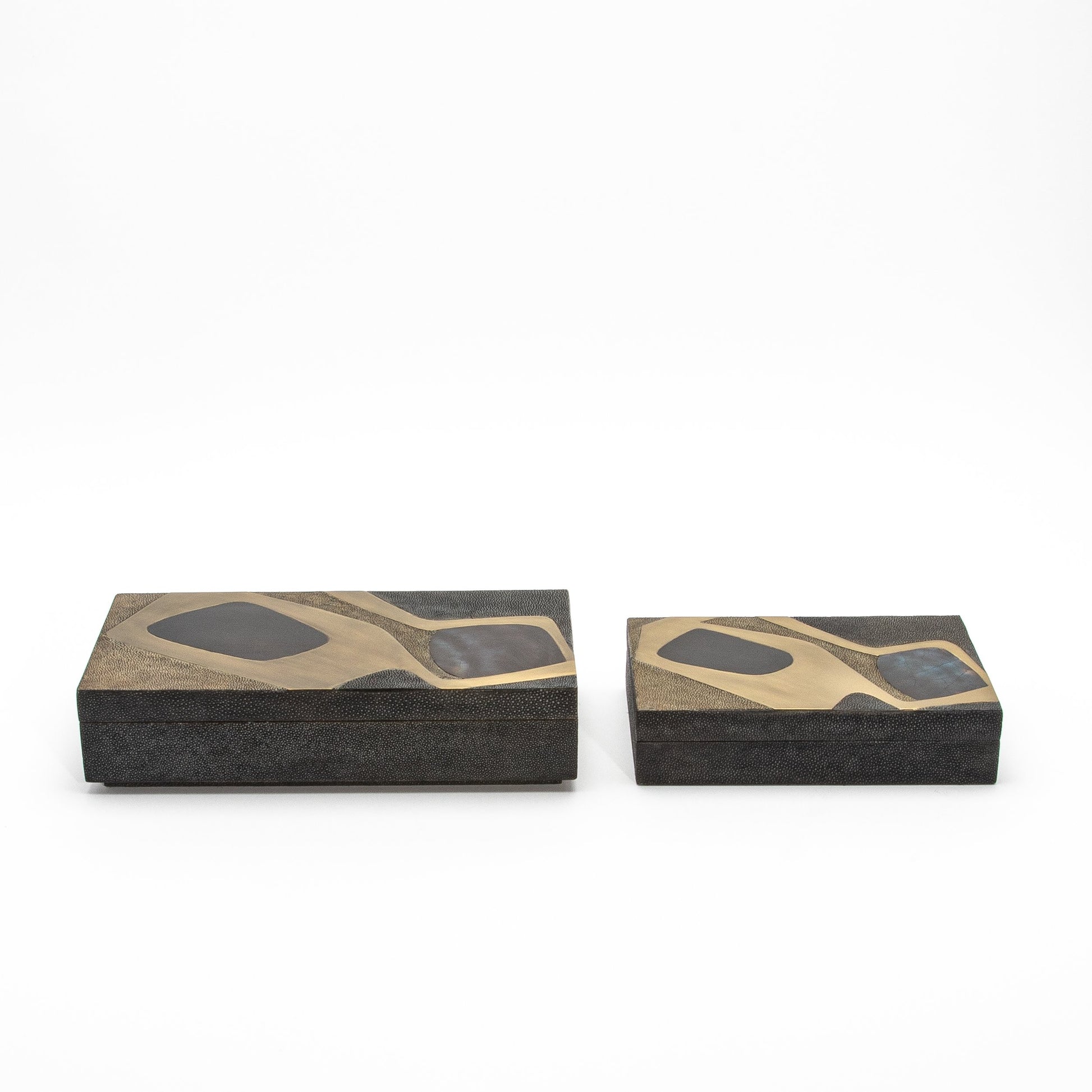 Set of 2 Rectangular Boxes in Coal Black and Brown Shagreen with Black and Blue Shell and Brass Cosmos Pattern Insert by R&Y Augousti