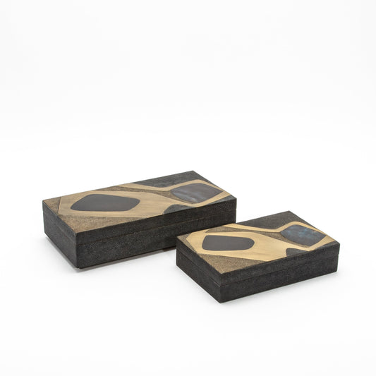 Set of 2 Rectangular Boxes in Coal Black and Brown Shagreen with Black and Blue Shell and Brass Cosmos Pattern Insert by R&Y Augousti