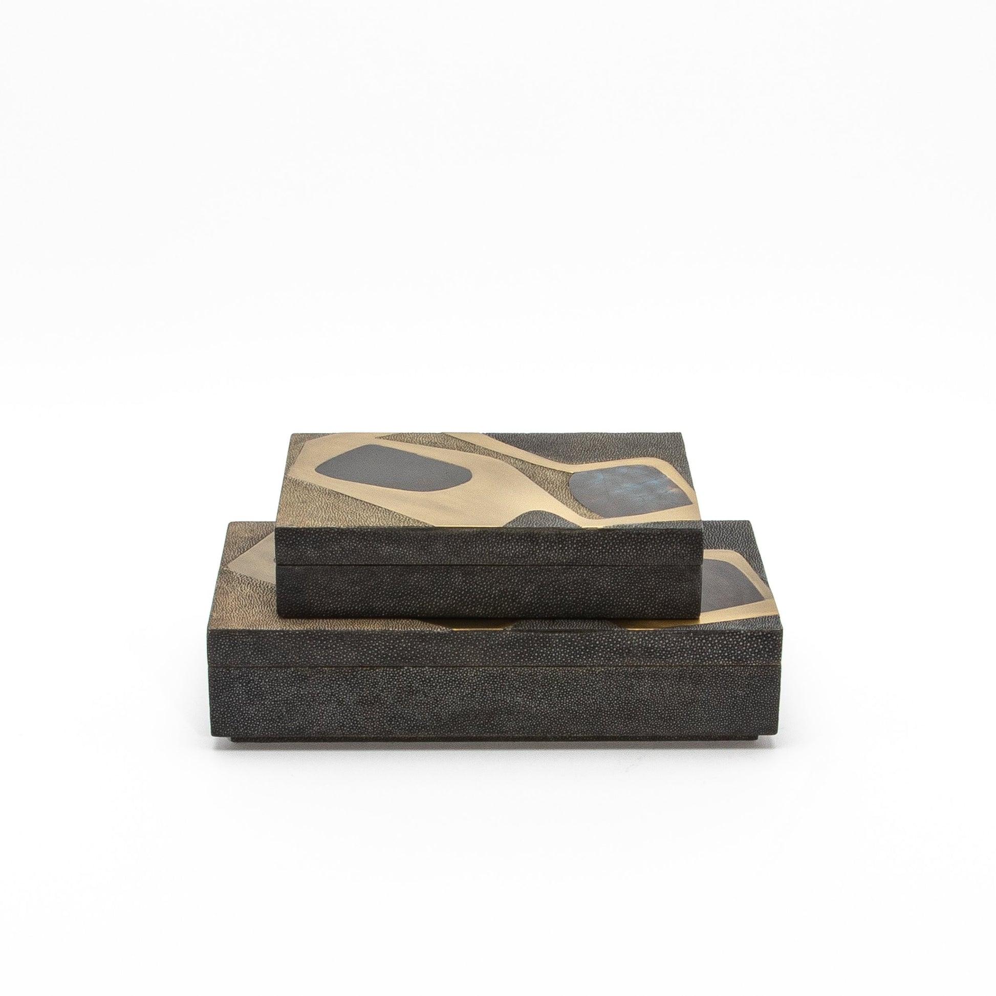 Set of 2 Rectangular Boxes in Coal Black and Brown Shagreen with Black and Blue Shell and Brass Cosmos Pattern Insert by R&Y Augousti