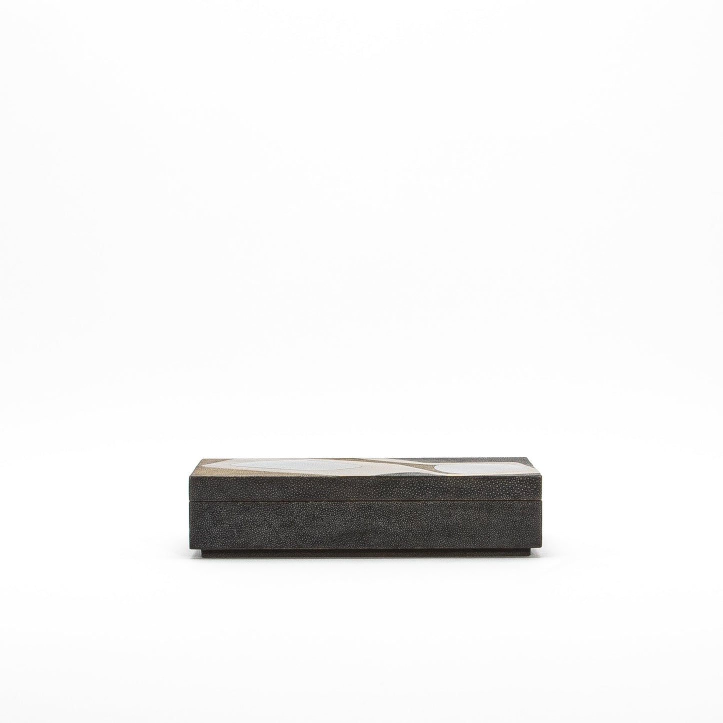 Set of 2 Rectangular Boxes in Coal Black and Brown Shagreen with Black and Blue Shell and Brass Cosmos Pattern Insert by R&Y Augousti