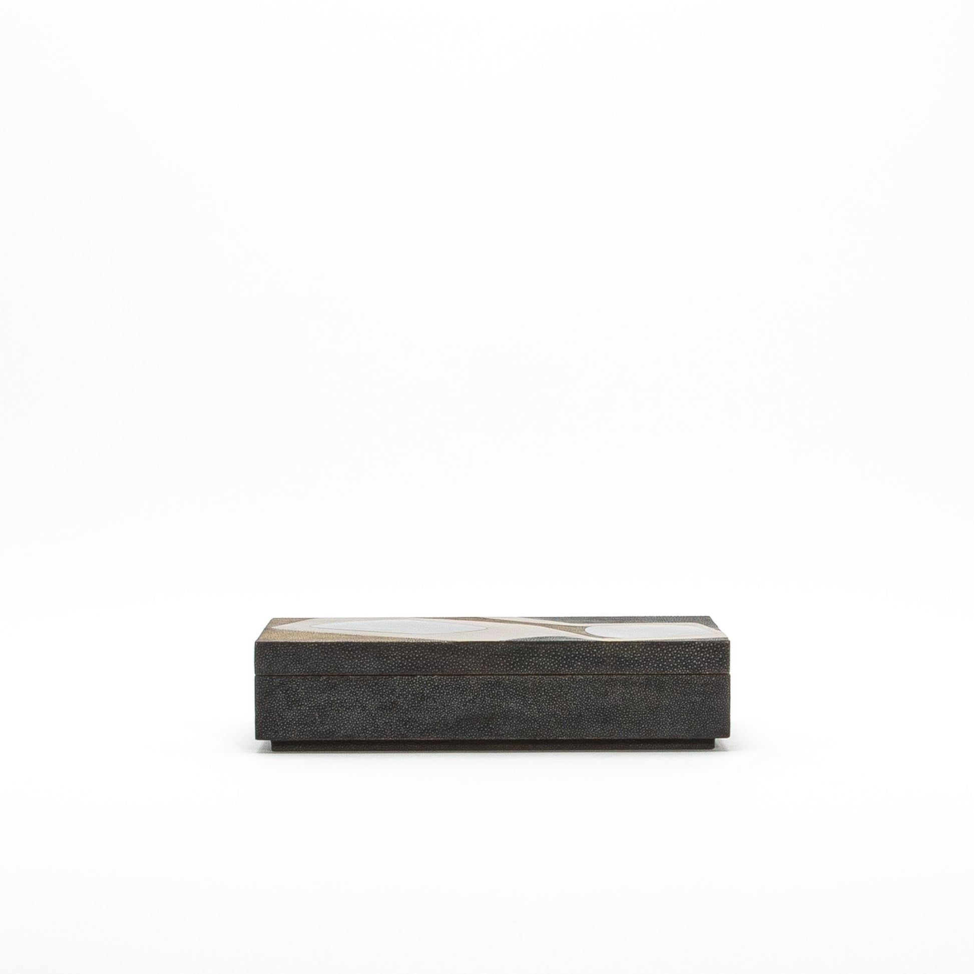 Set of 2 Rectangular Boxes in Coal Black and Brown Shagreen with Black and Blue Shell and Brass Cosmos Pattern Insert by R&Y Augousti