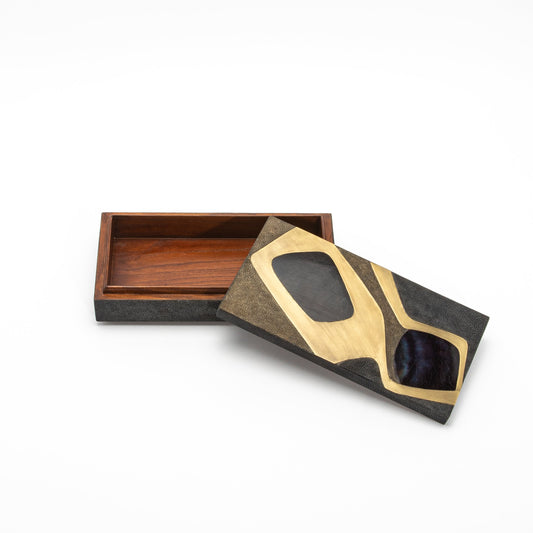 Set of 2 Rectangular Boxes in Coal Black and Brown Shagreen with Black and Blue Shell and Brass Cosmos Pattern Insert by R&Y Augousti