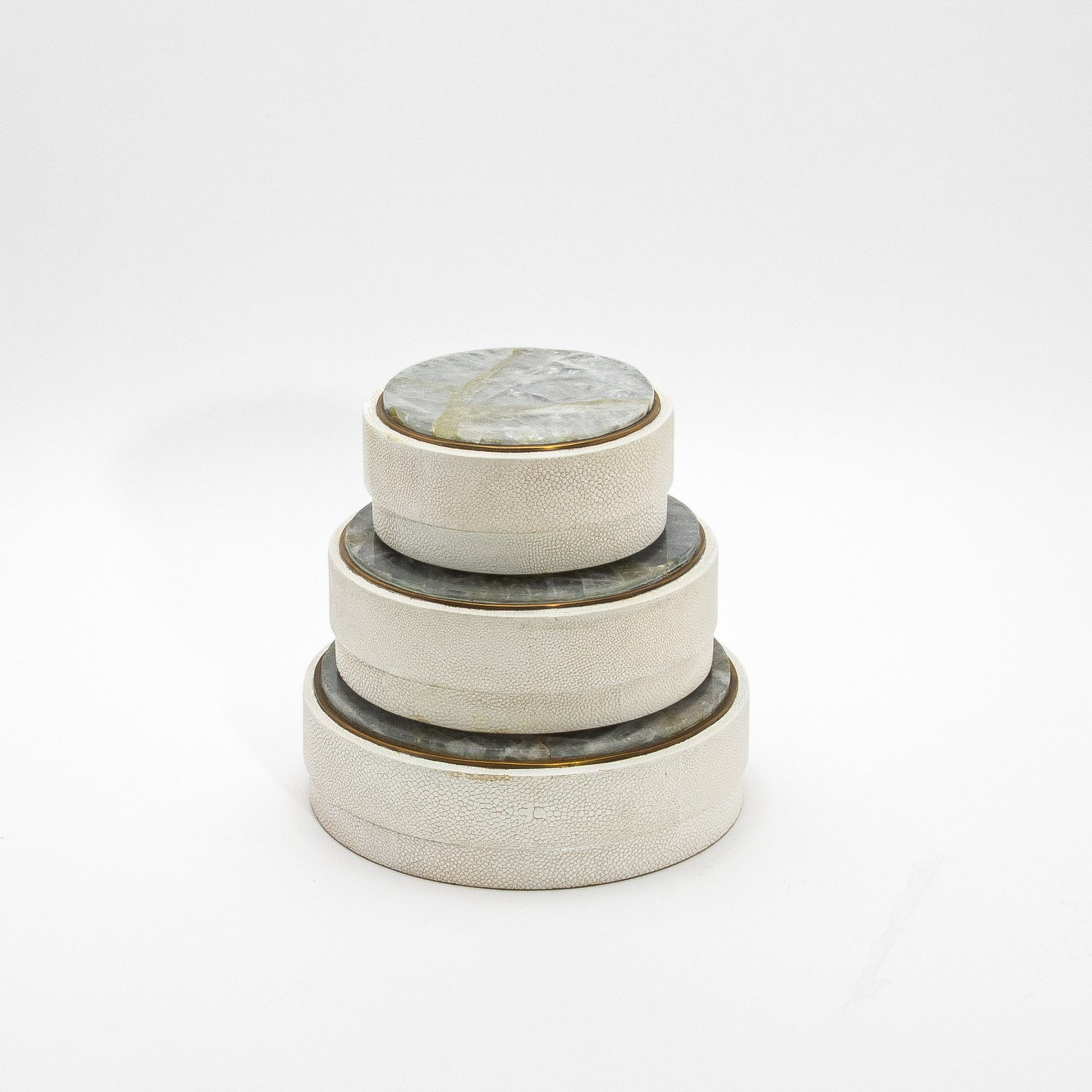 Set of 3 Boxes in White Shagreen and White Quartz with Brass Frame by R&Y Augousti