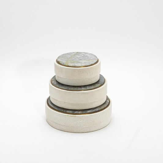 Set of 3 Boxes in White Shagreen and White Quartz with Brass Frame by R&Y Augousti