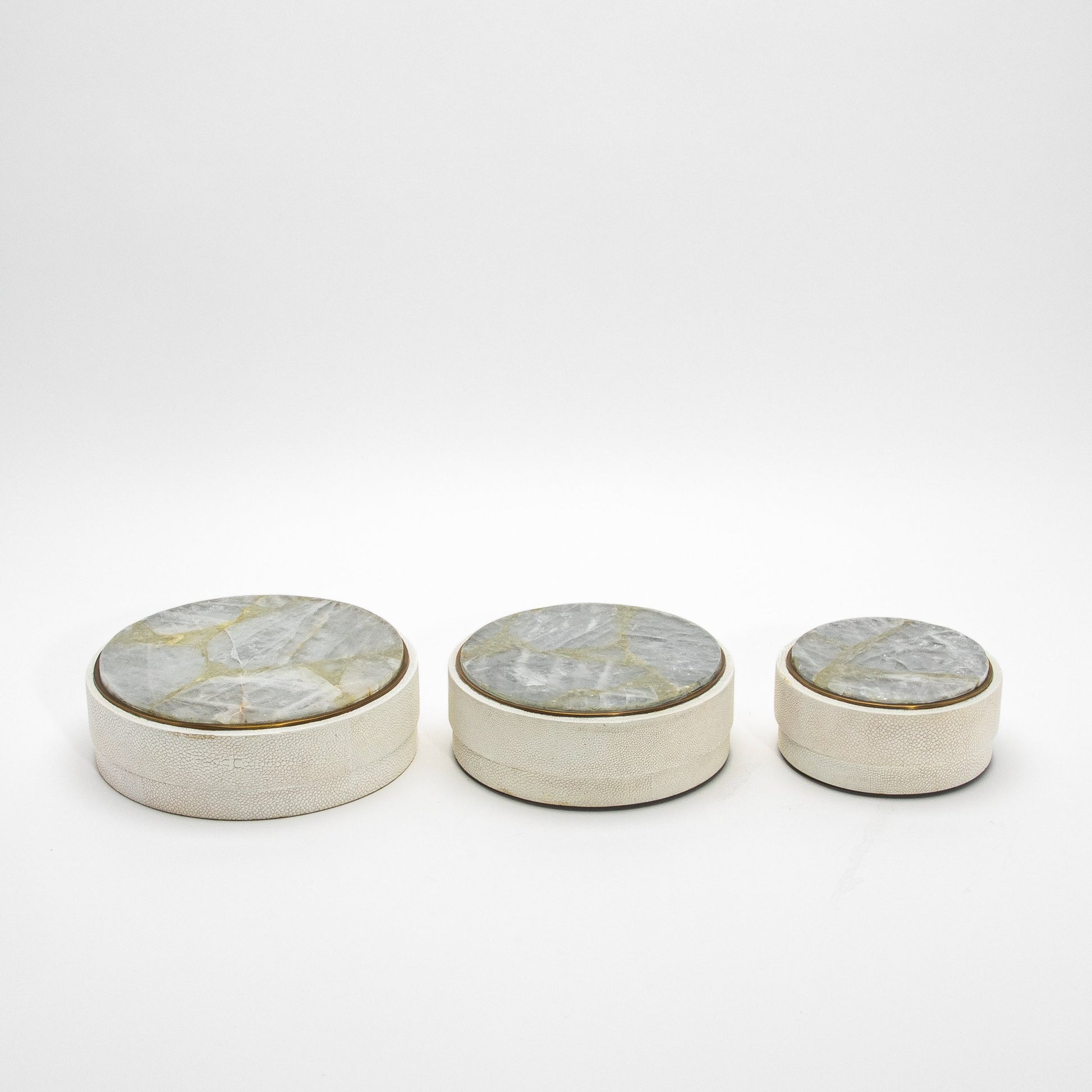 Set of 3 Boxes in White Shagreen and White Quartz with Brass Frame by R&Y Augousti