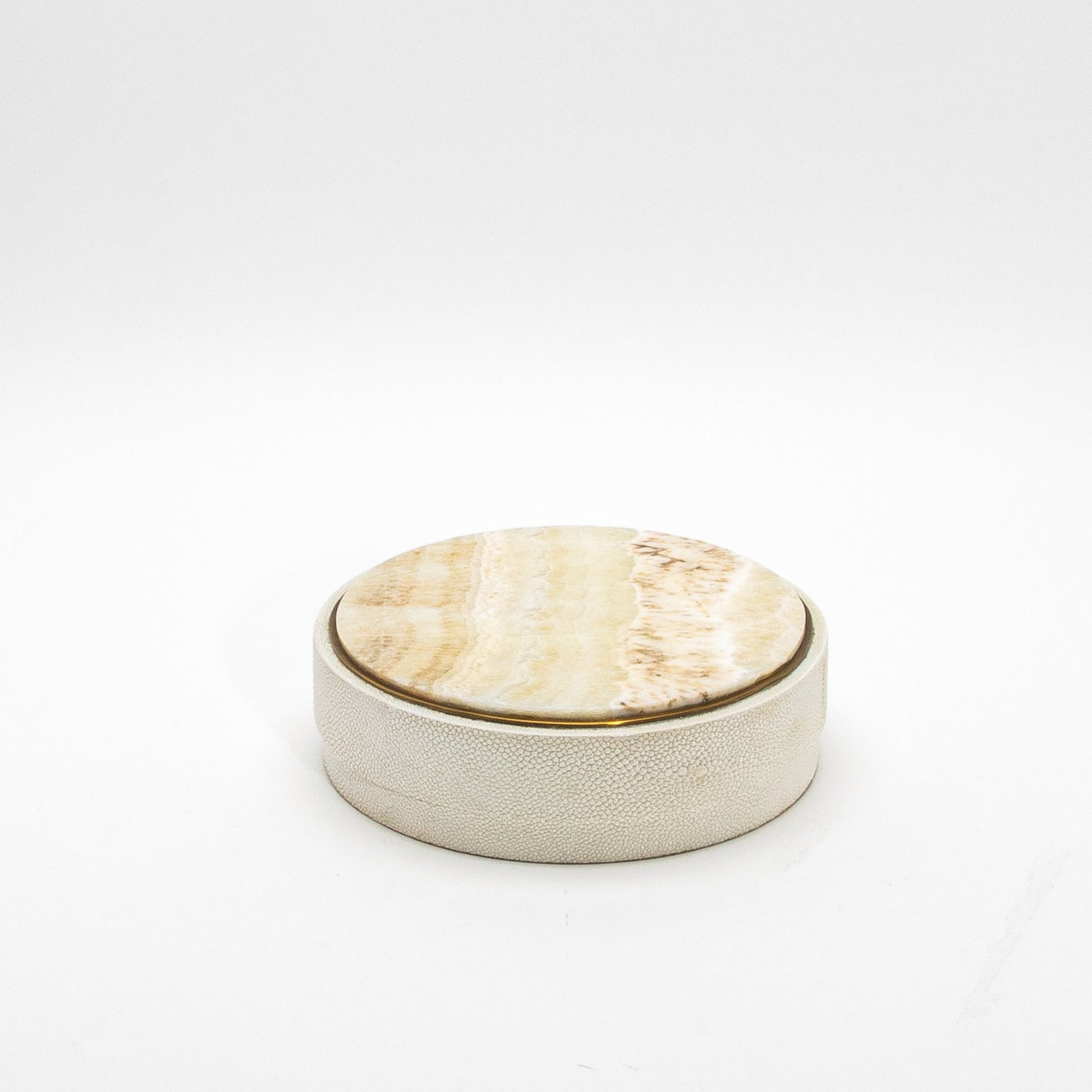Set of 3 Round Boxes in Cream Shagreen with Onyx and Brass Details by R&Y Augousti