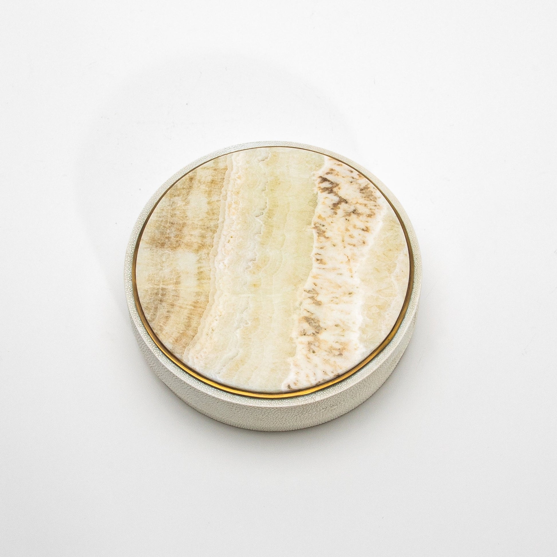 Set of 3 Round Boxes in Cream Shagreen with Onyx and Brass Details by R&Y Augousti