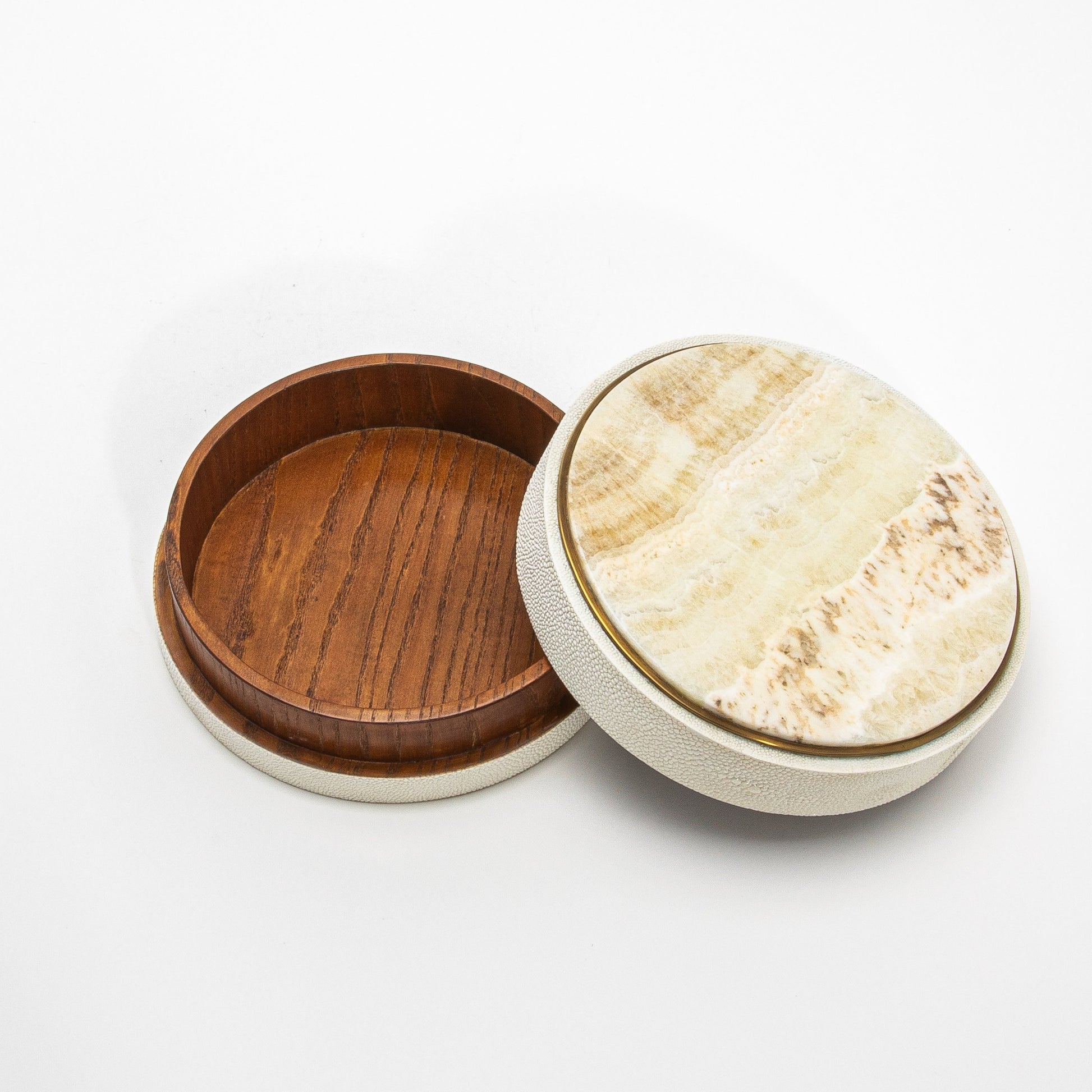 Set of 3 Round Boxes in Cream Shagreen with Onyx and Brass Details by R&Y Augousti