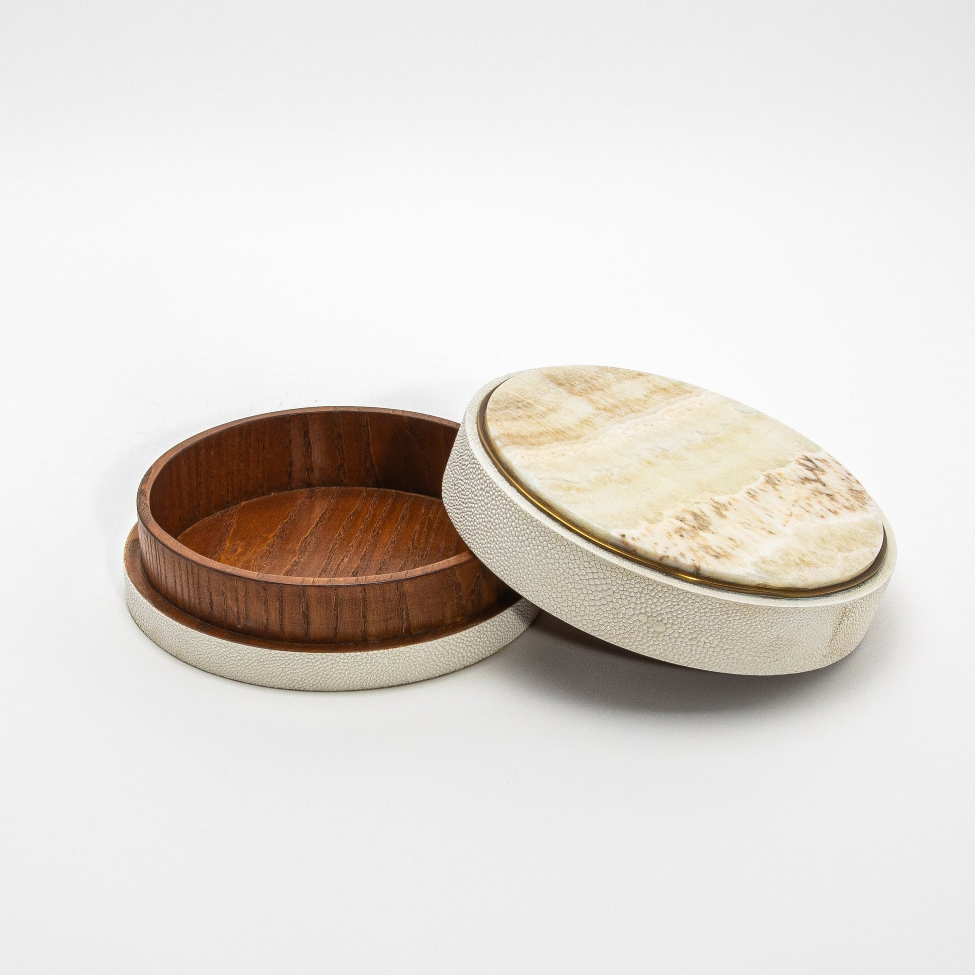 Set of 3 Round Boxes in Cream Shagreen with Onyx and Brass Details by R&Y Augousti