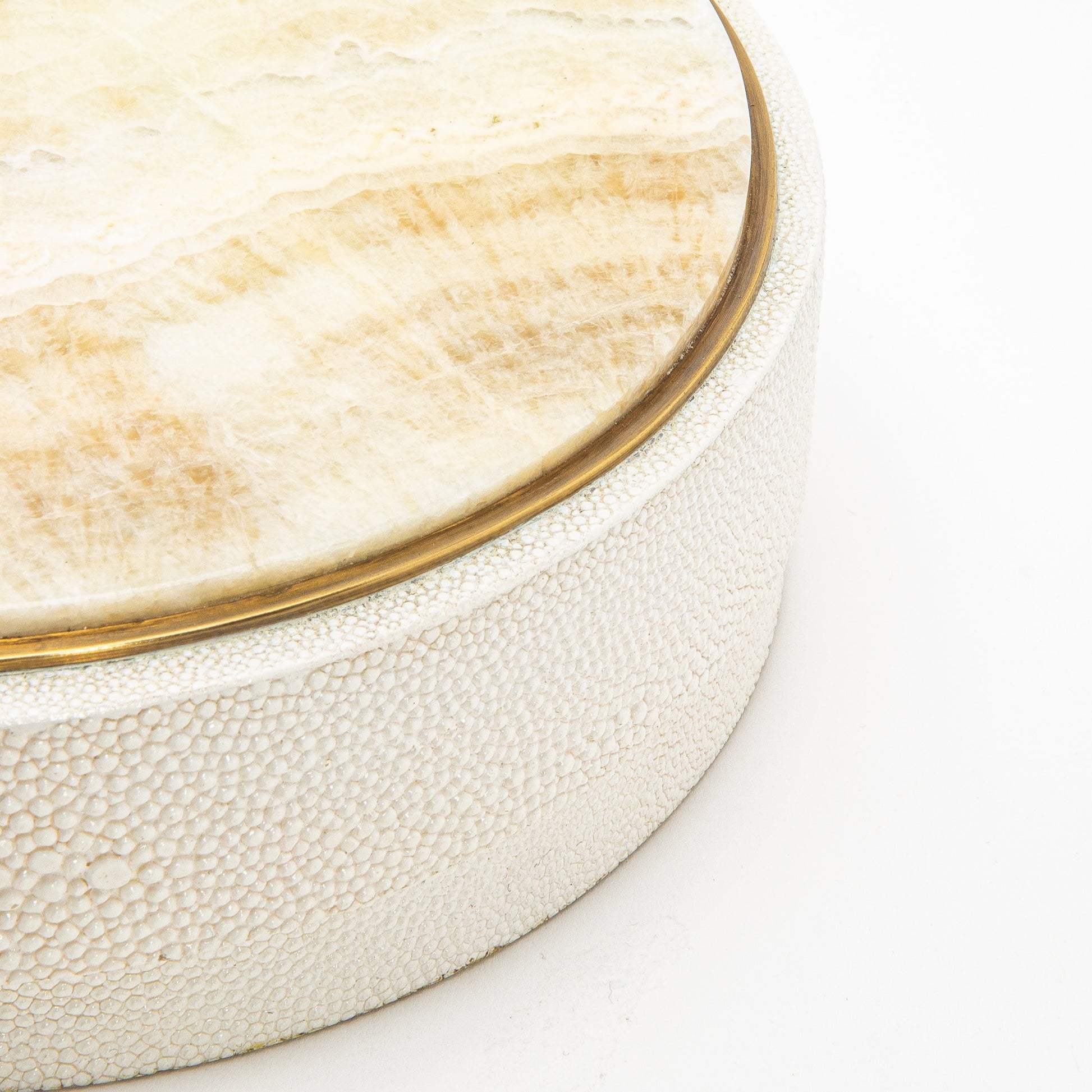 Set of 3 Round Boxes in Cream Shagreen with Onyx and Brass Details by R&Y Augousti