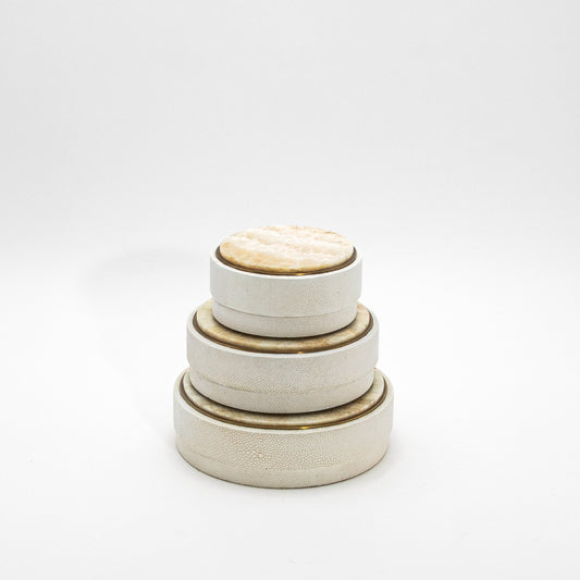 Set of 3 Round Boxes in Cream Shagreen with Onyx and Brass Details by R&Y Augousti