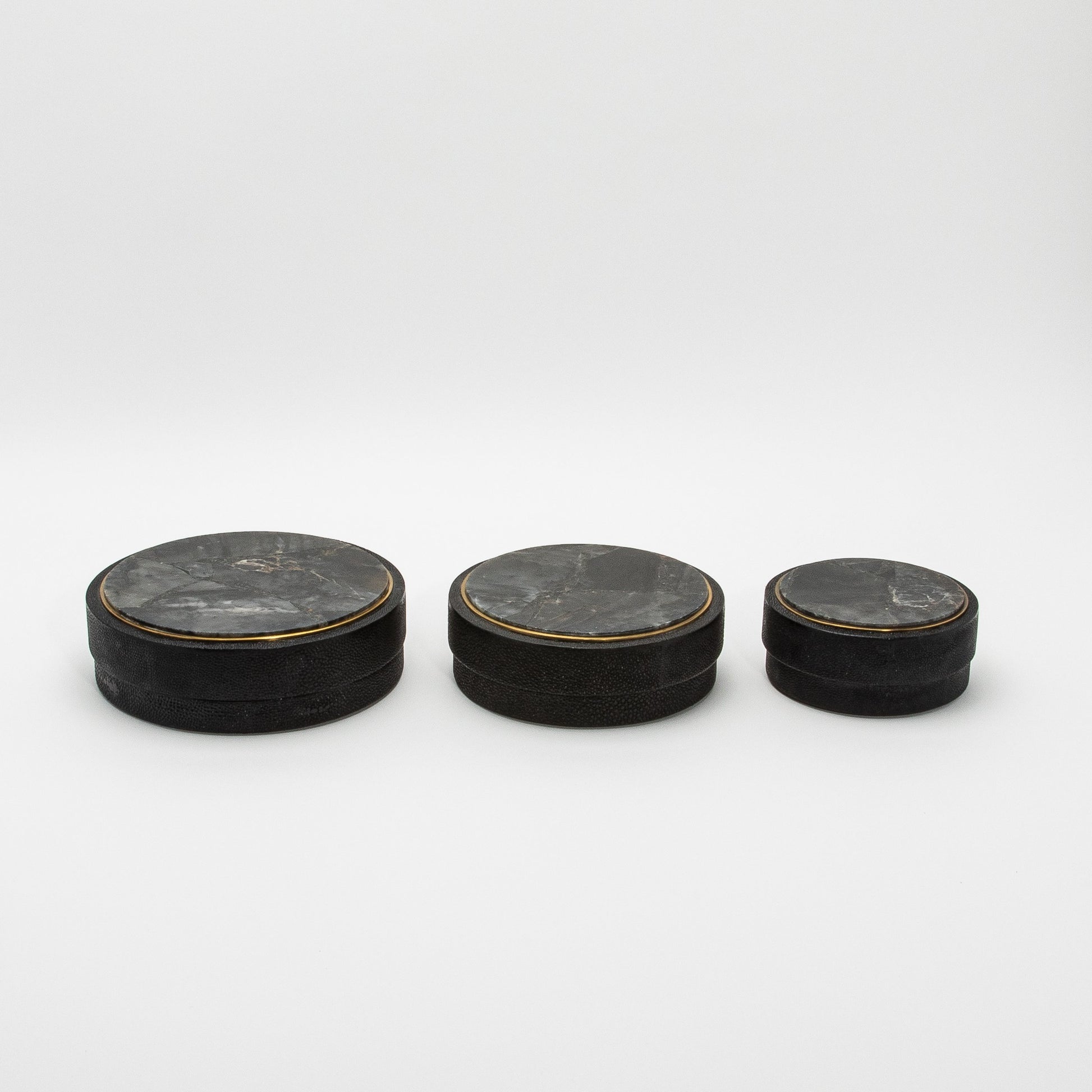 Set of 3 Boxes in Black Shagreen and Black Quartz with Brass Frame by R&Y Augousti