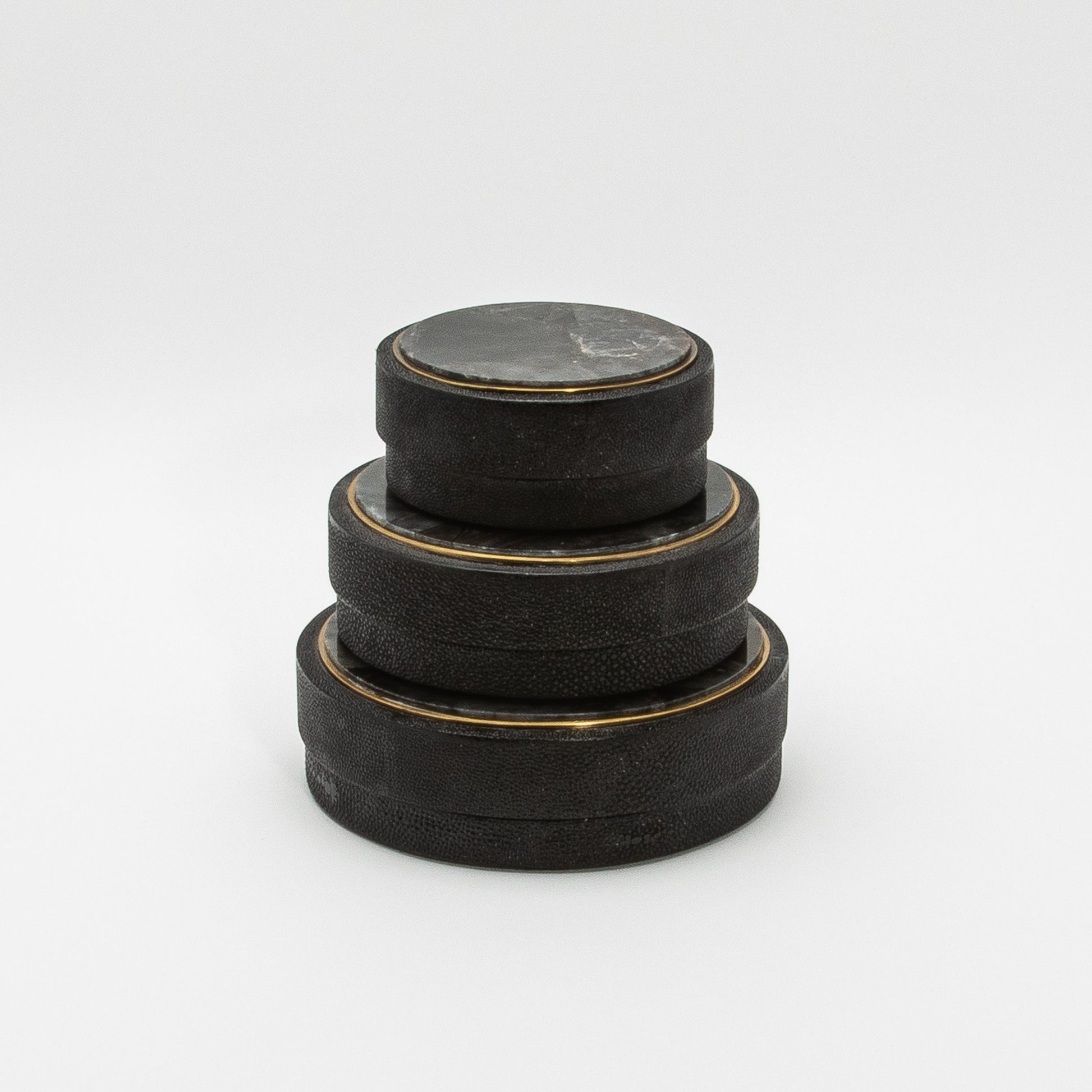 Set of 3 Boxes in Black Shagreen and Black Quartz with Brass Frame by R&Y Augousti