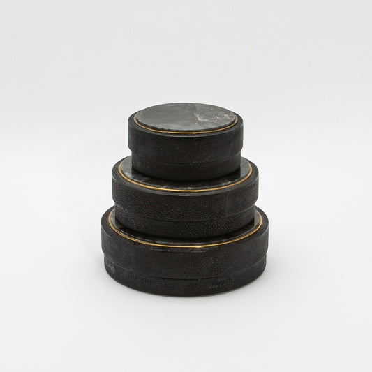 Set of 3 Boxes in Black Shagreen and Black Quartz with Brass Frame by R&Y Augousti