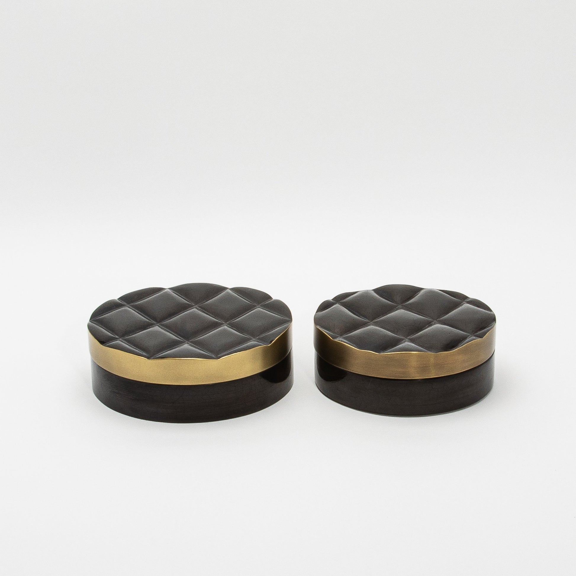 Set of 2 Quilted Boxes in Black Shell with Bronze Patina Brass by Kifu Paris