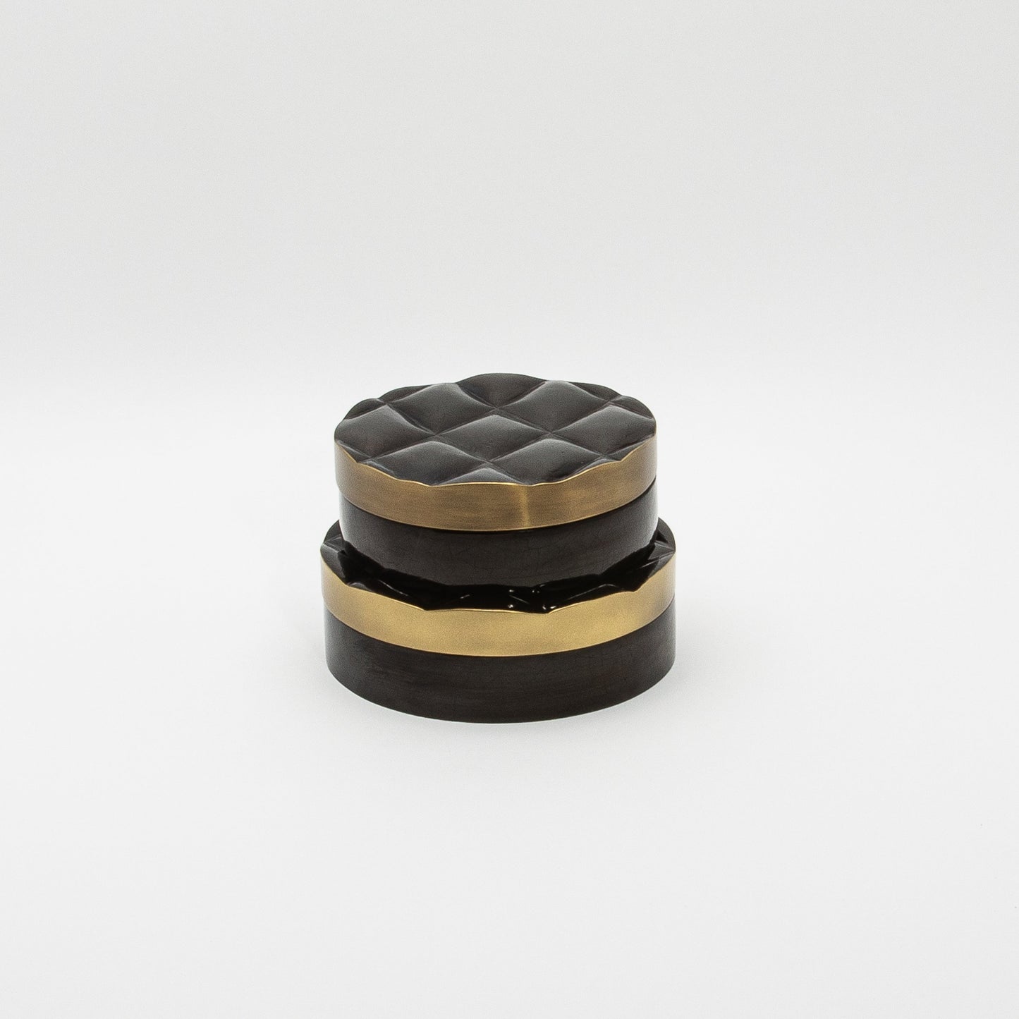 Set of 2 Quilted Boxes in Black Shell with Bronze Patina Brass by Kifu Paris