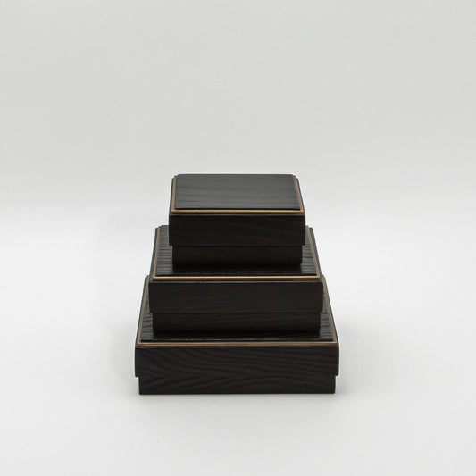 Set of 3 Square Boxes in Black Oak with Brass Frame by R&Y Augousti