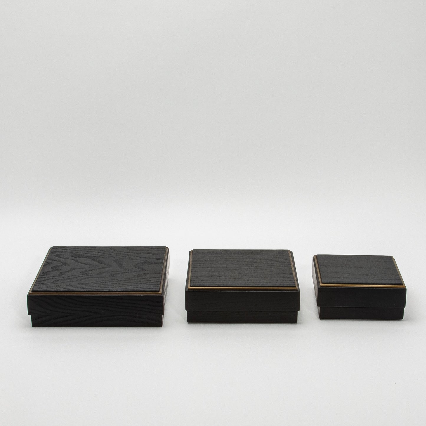 Set of 3 Square Boxes in Black Oak with Brass Frame by R&Y Augousti
