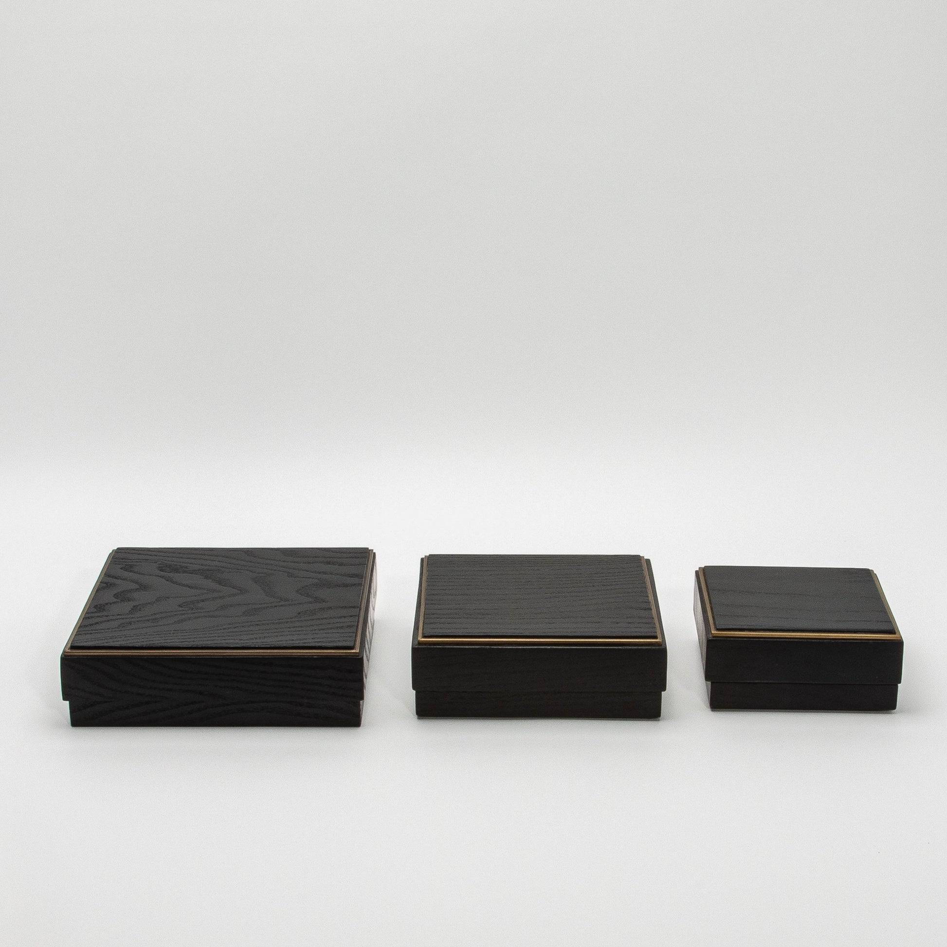 Set of 3 Square Boxes in Black Oak with Brass Frame by R&Y Augousti
