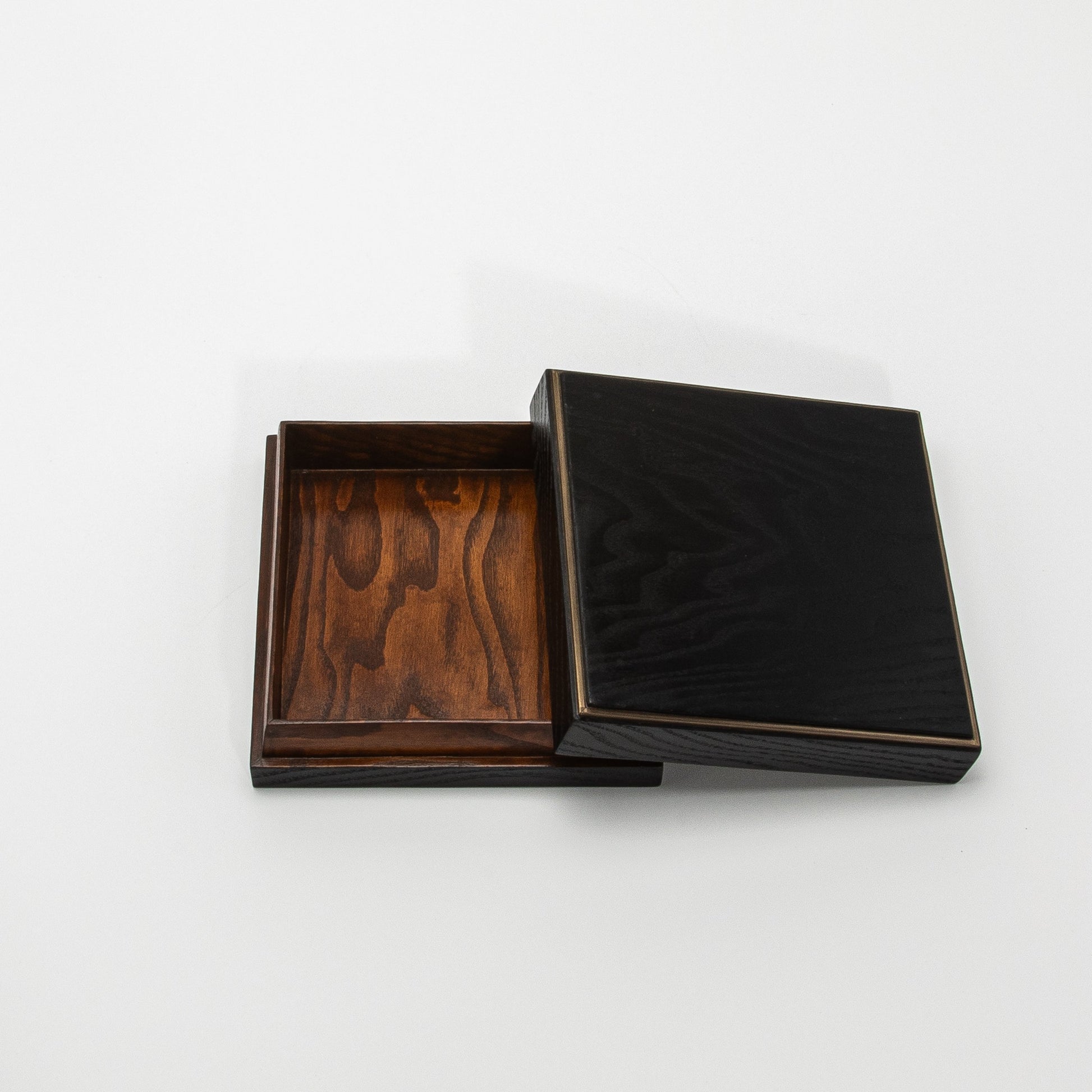 Set of 3 Square Boxes in Black Oak with Brass Frame by R&Y Augousti