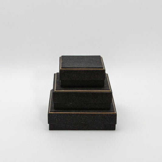 Set of 3 Square Boxes in Black Shagreen with Brass Frame by R&Y Augousti