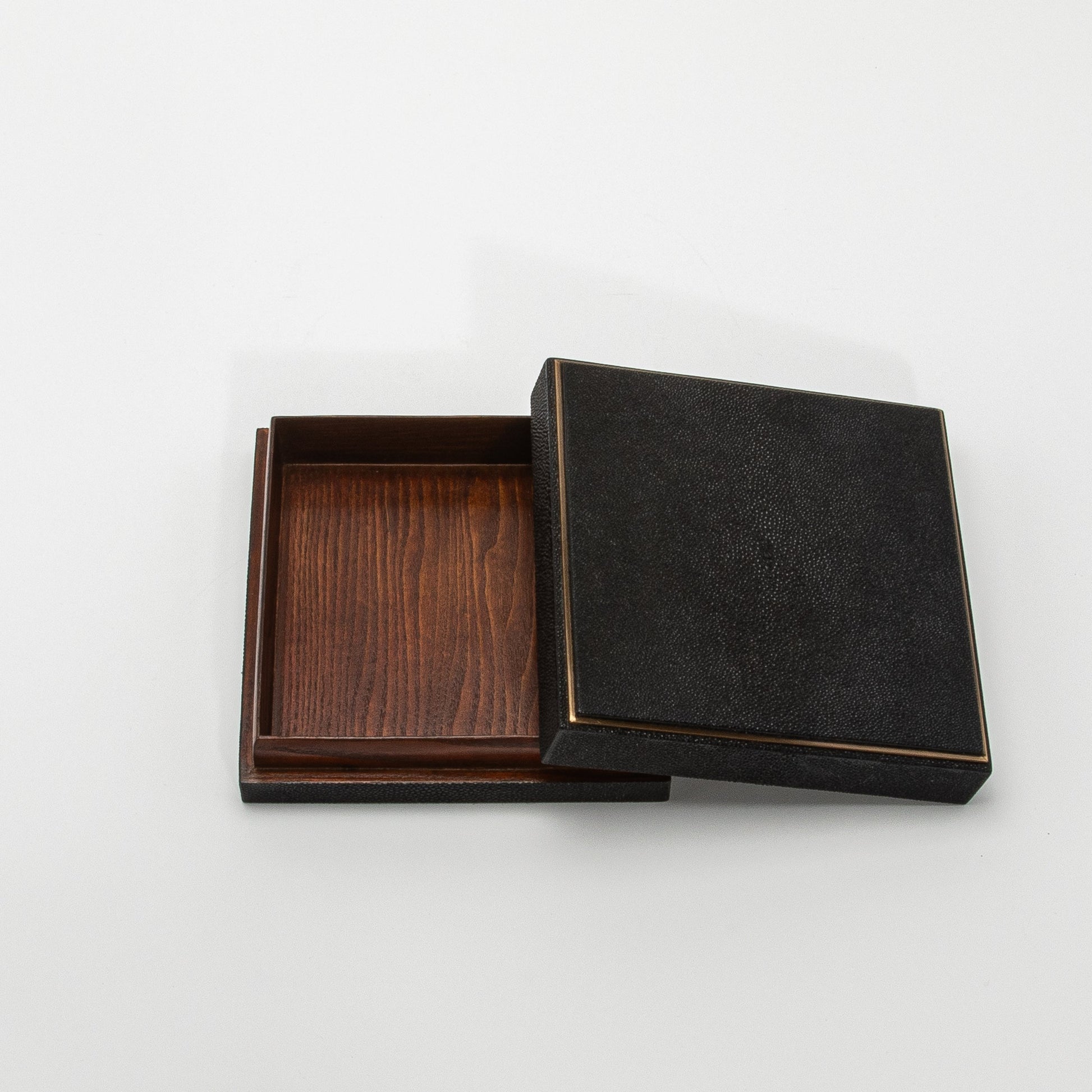 Set of 3 Square Boxes in Black Shagreen with Brass Frame by R&Y Augousti