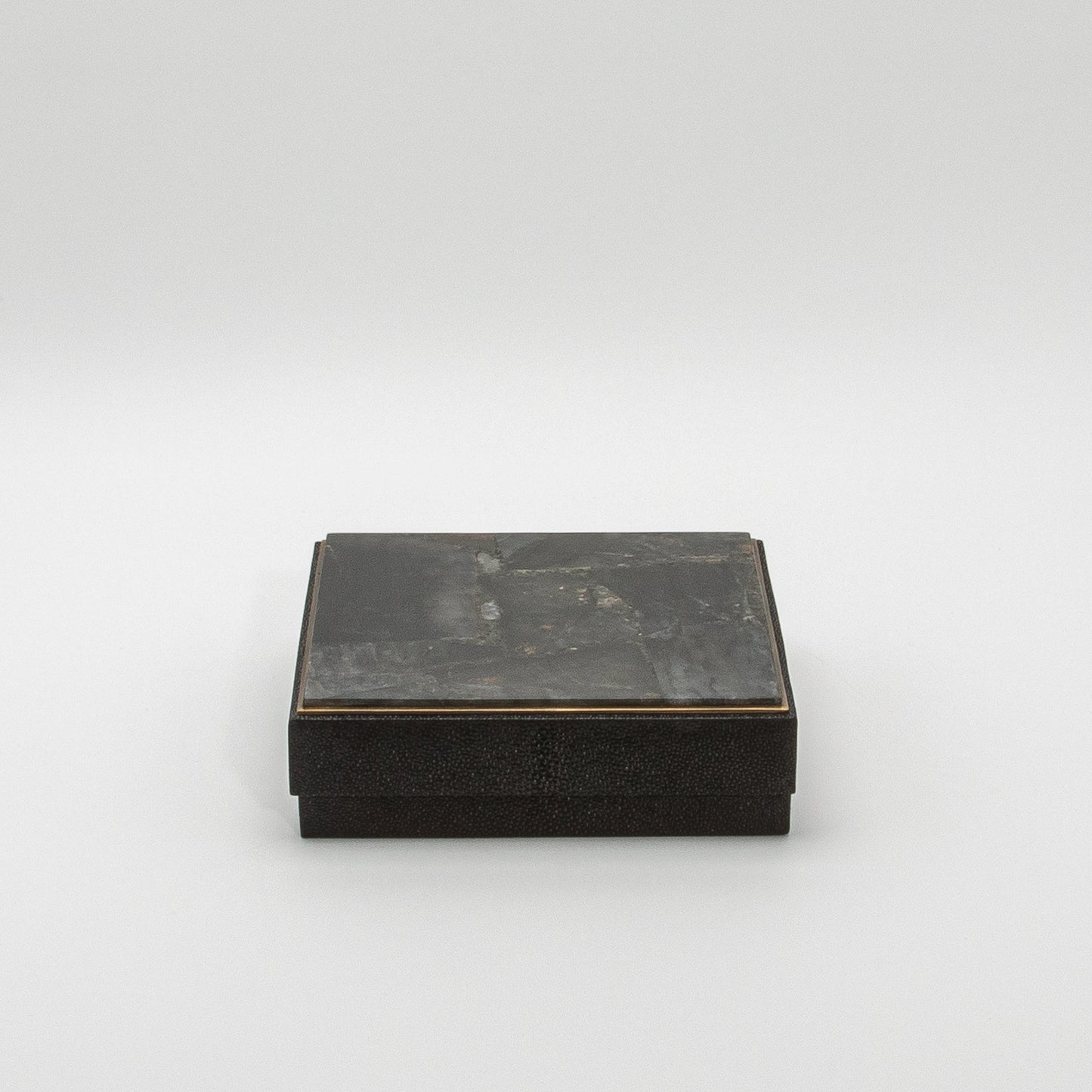 Set of 3 Square Boxes in Black Shagreen and Black Quartz with Brass Frame by R&Y Augousti