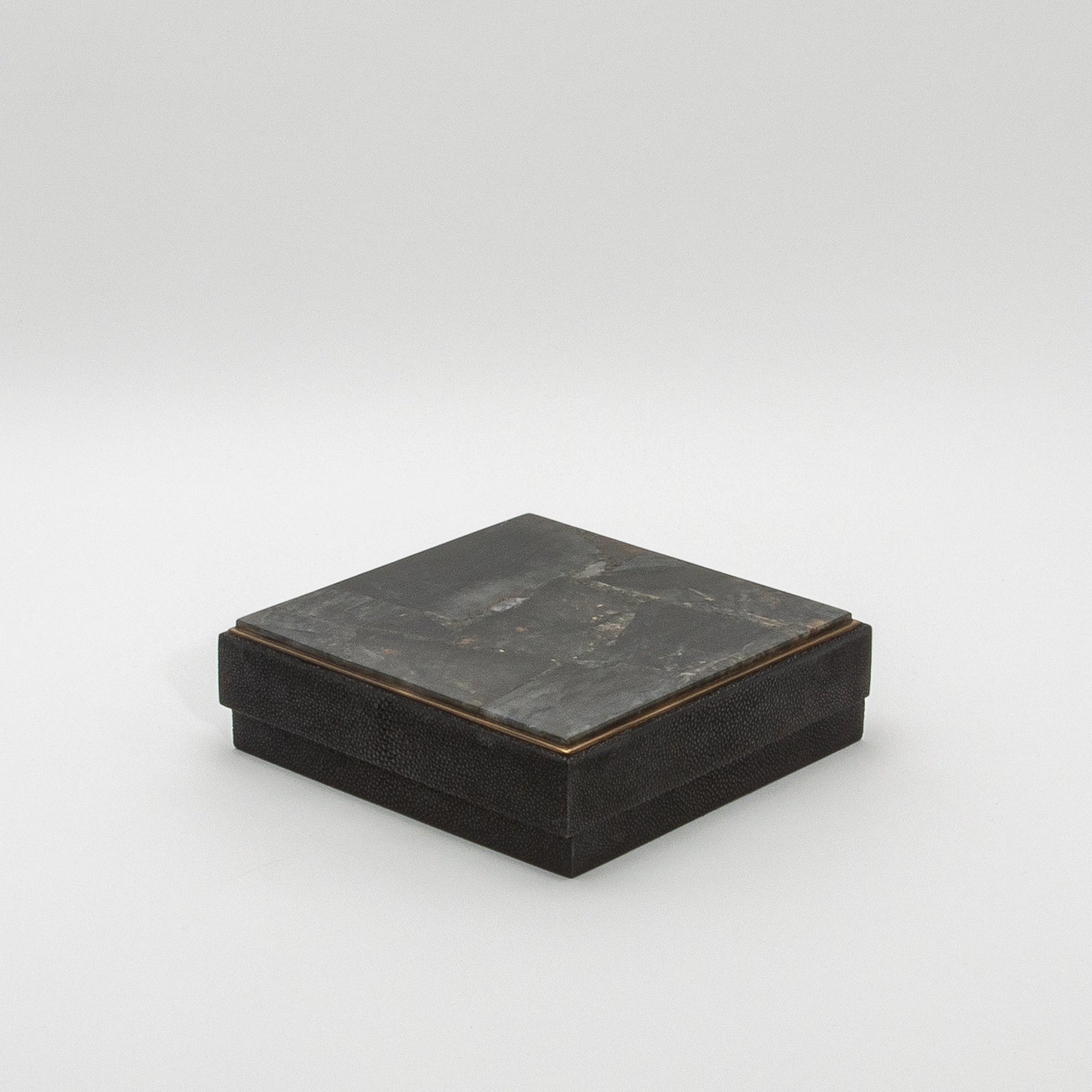 Set of 3 Square Boxes in Black Shagreen and Black Quartz with Brass Frame by R&Y Augousti