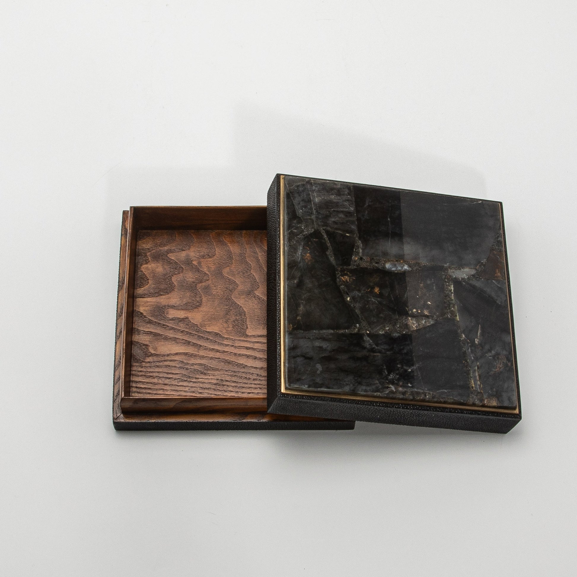 Set of 3 Square Boxes in Black Shagreen and Black Quartz with Brass Frame by R&Y Augousti