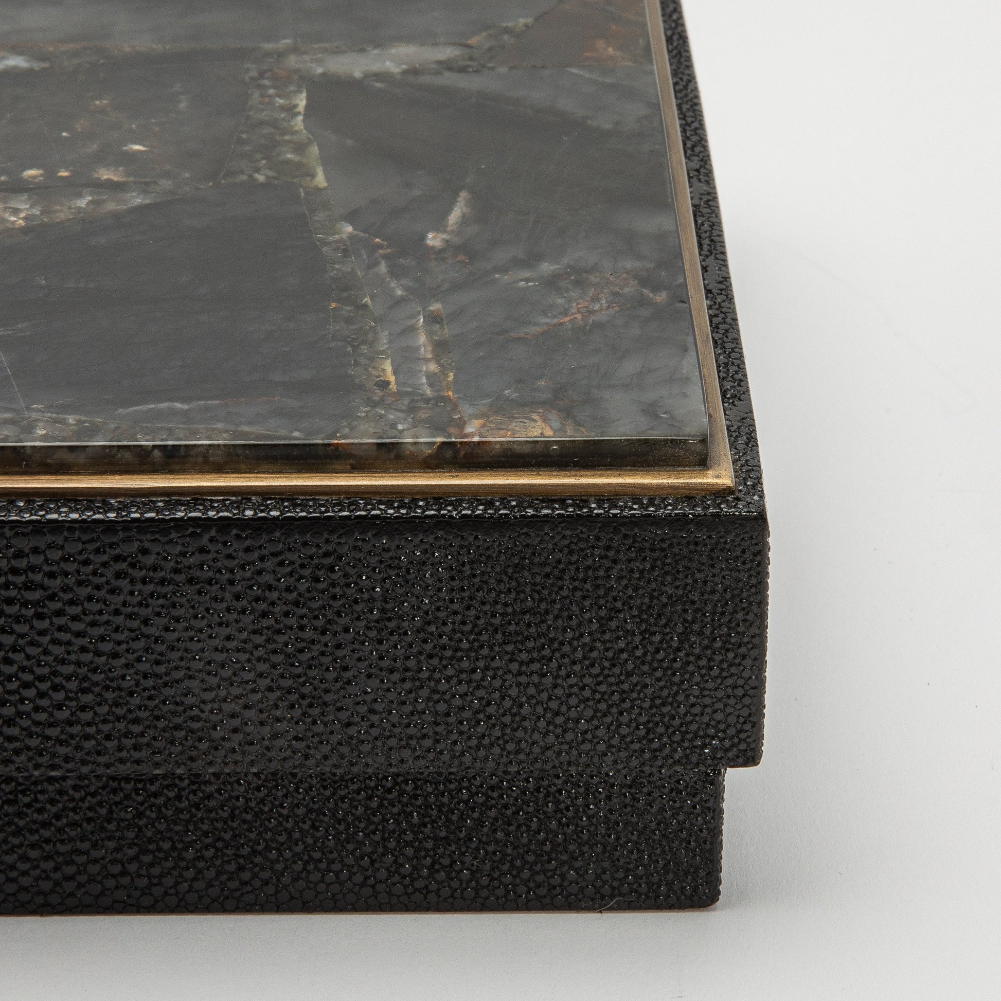 Set of 3 Square Boxes in Black Shagreen and Black Quartz with Brass Frame by R&Y Augousti