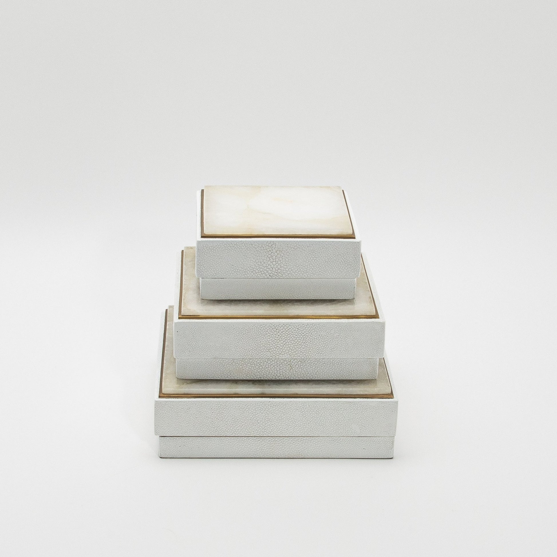 Set of 3 Square Boxes in White Shagreen and Quartz with Brass Frame by R&Y Augousti