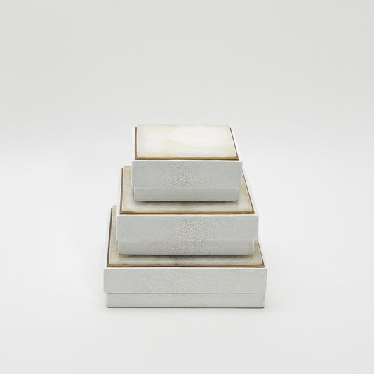 Set of 3 Square Boxes in White Shagreen and Quartz with Brass Frame by R&Y Augousti