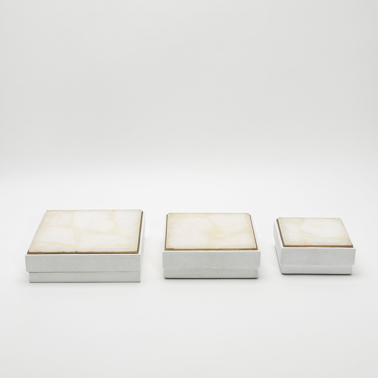 Set of 3 Square Boxes in White Shagreen and Quartz with Brass Frame by R&Y Augousti