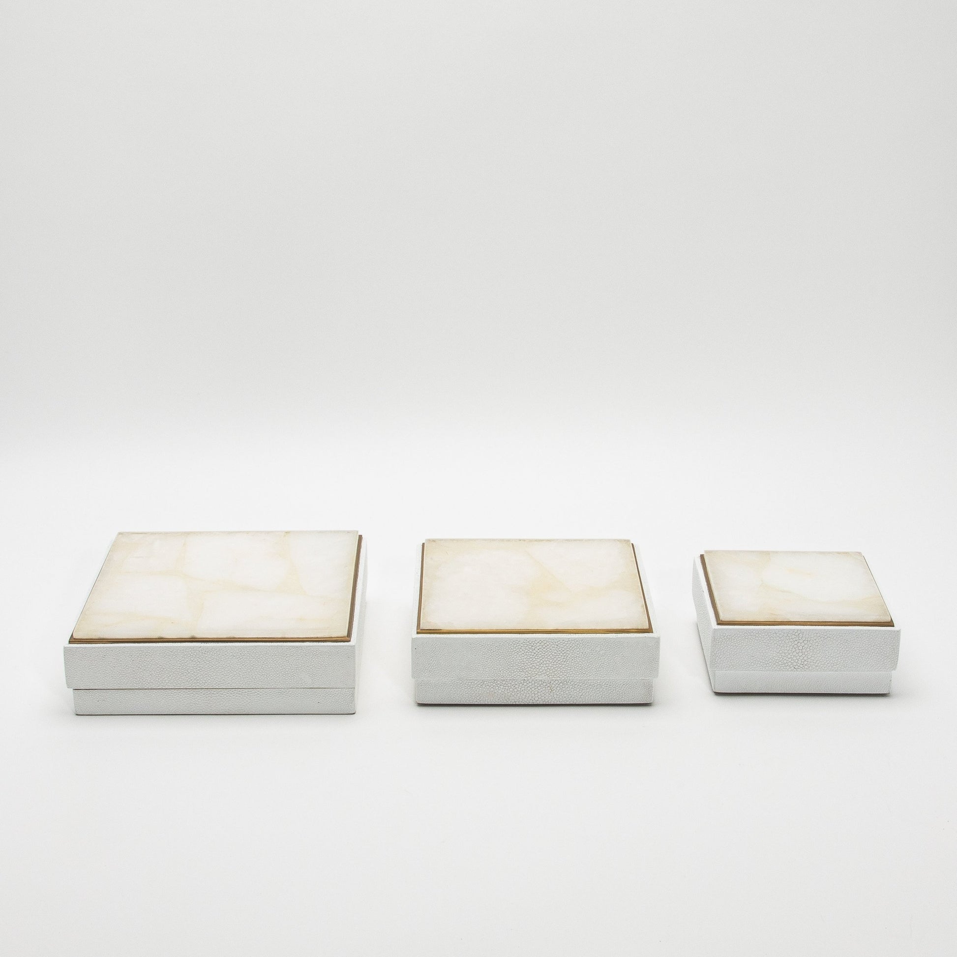 Set of 3 Square Boxes in White Shagreen and Quartz with Brass Frame by R&Y Augousti