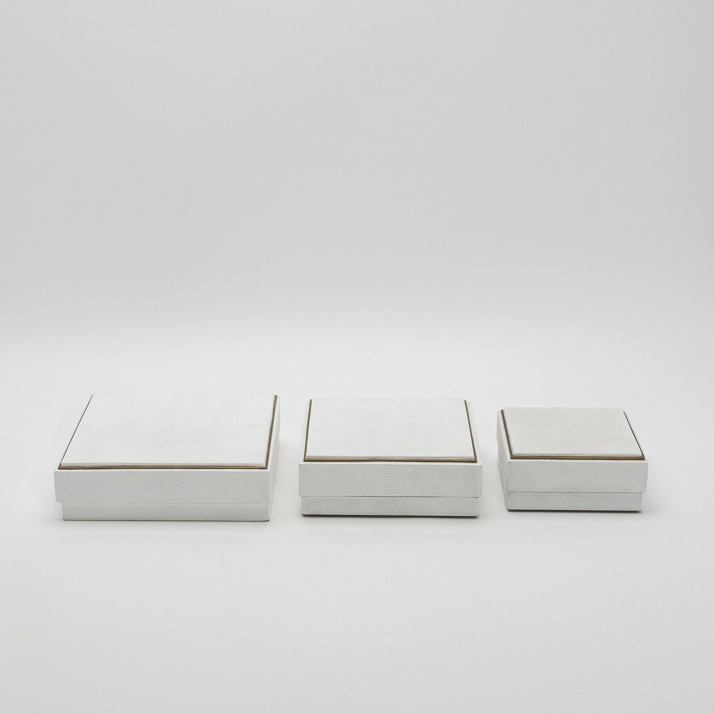 Set of 3 Square Boxes in White Shagreen with Brass Frame by R&Y Augousti