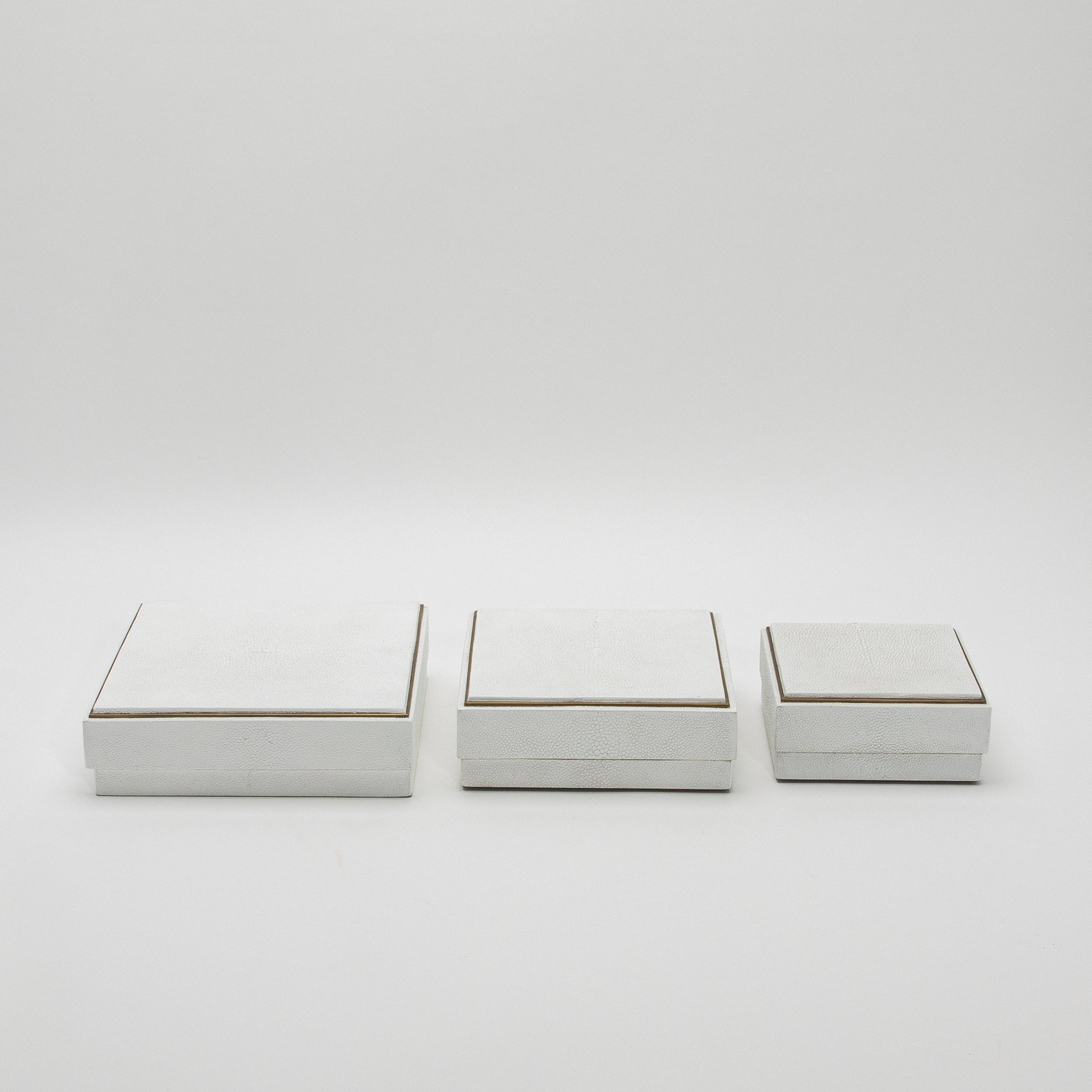 Set of 3 Square Boxes in White Shagreen with Brass Frame by R&Y Augousti