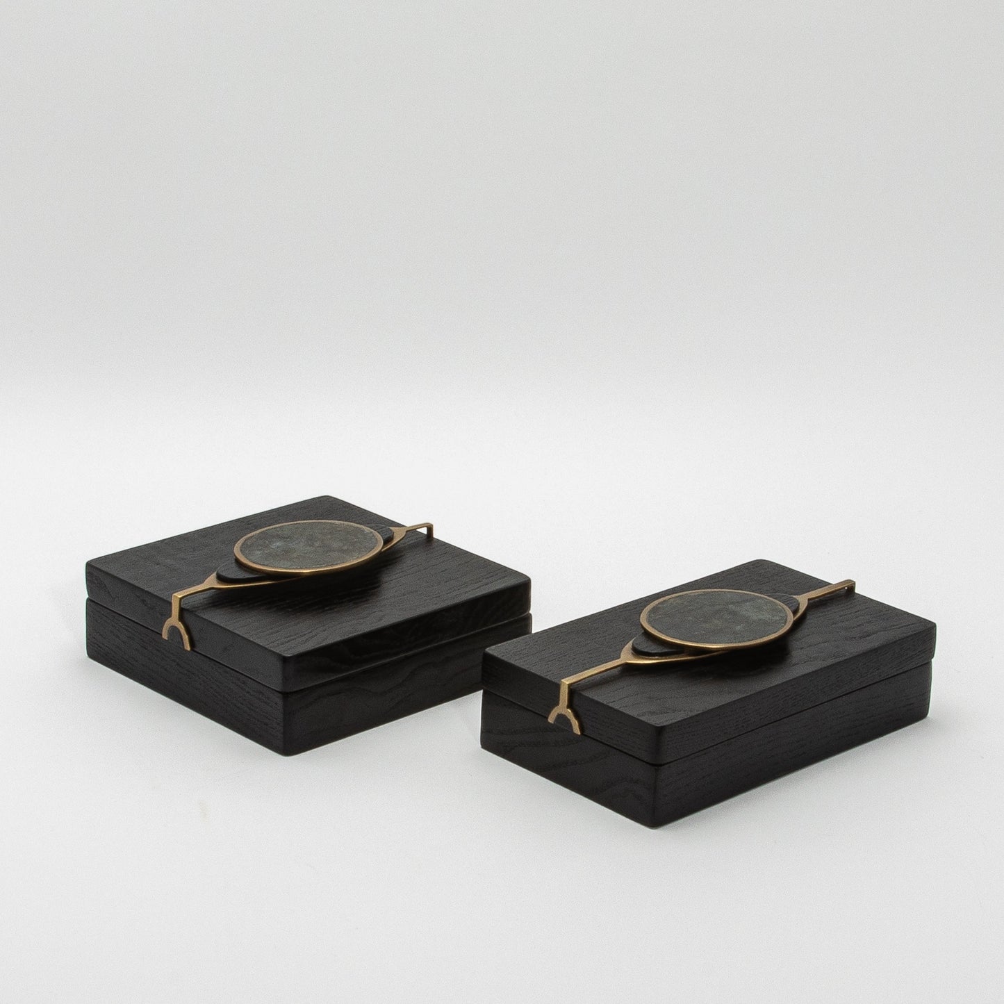 Set of 2 Boxes in Oak with Semi-Precious Stone and Brass by Kifu Paris