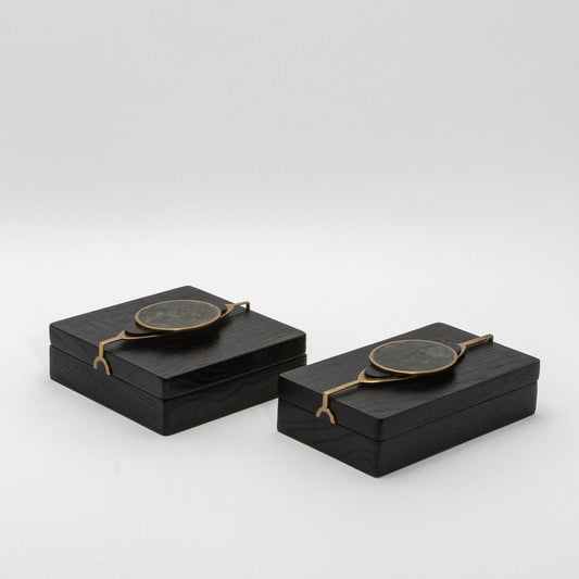 Set of 2 Boxes in Oak with Semi-Precious Stone and Brass by Kifu Paris