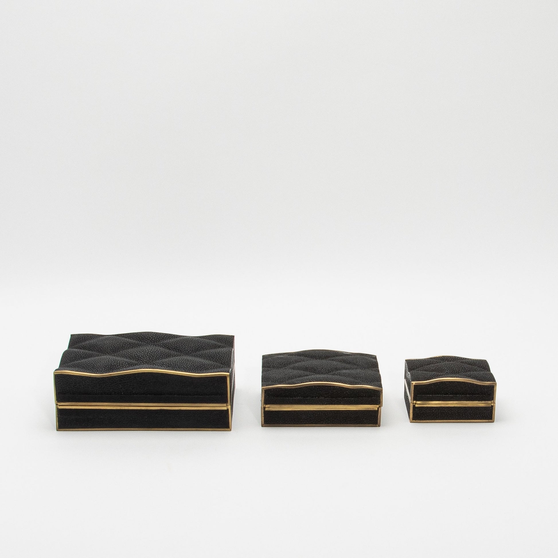 Set of 3 Quilted Boxes in Black Shagreen with Bronze Patina Brass by Kifu Paris