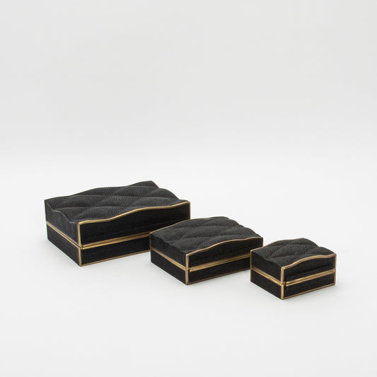 Set of 3 Quilted Boxes in Black Shagreen with Bronze Patina Brass by Kifu Paris