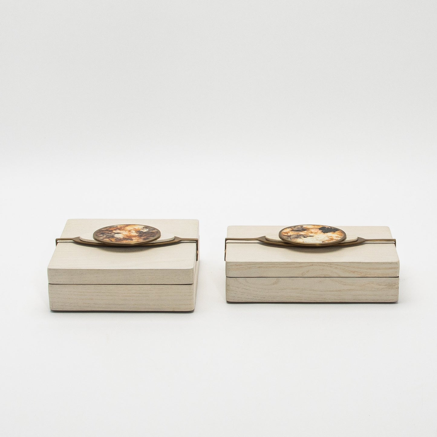 Set of 2 Boxes in Oak with Semi-Precious Stone and Brass by Kifu Paris
