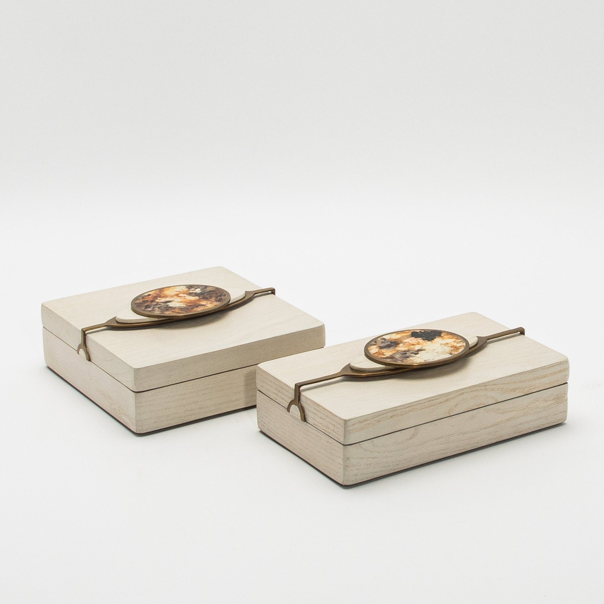 Set of 2 Boxes in Oak with Semi-Precious Stone and Brass by Kifu Paris